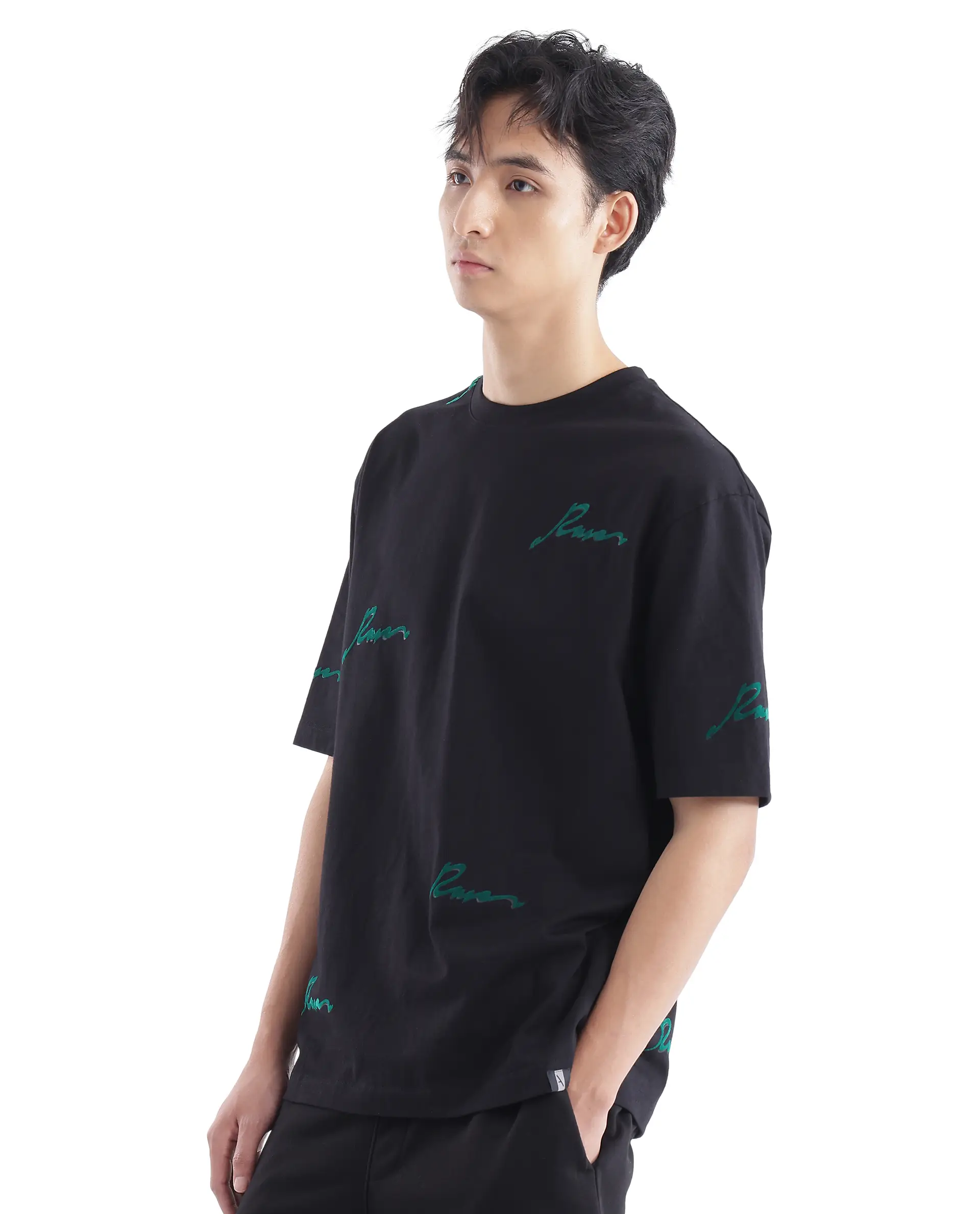 Rare Rabbit Men's Erken Black Cotton Graphic Print Oversized Fit Half Sleeve Crew Neck T-Shirt - Image 4