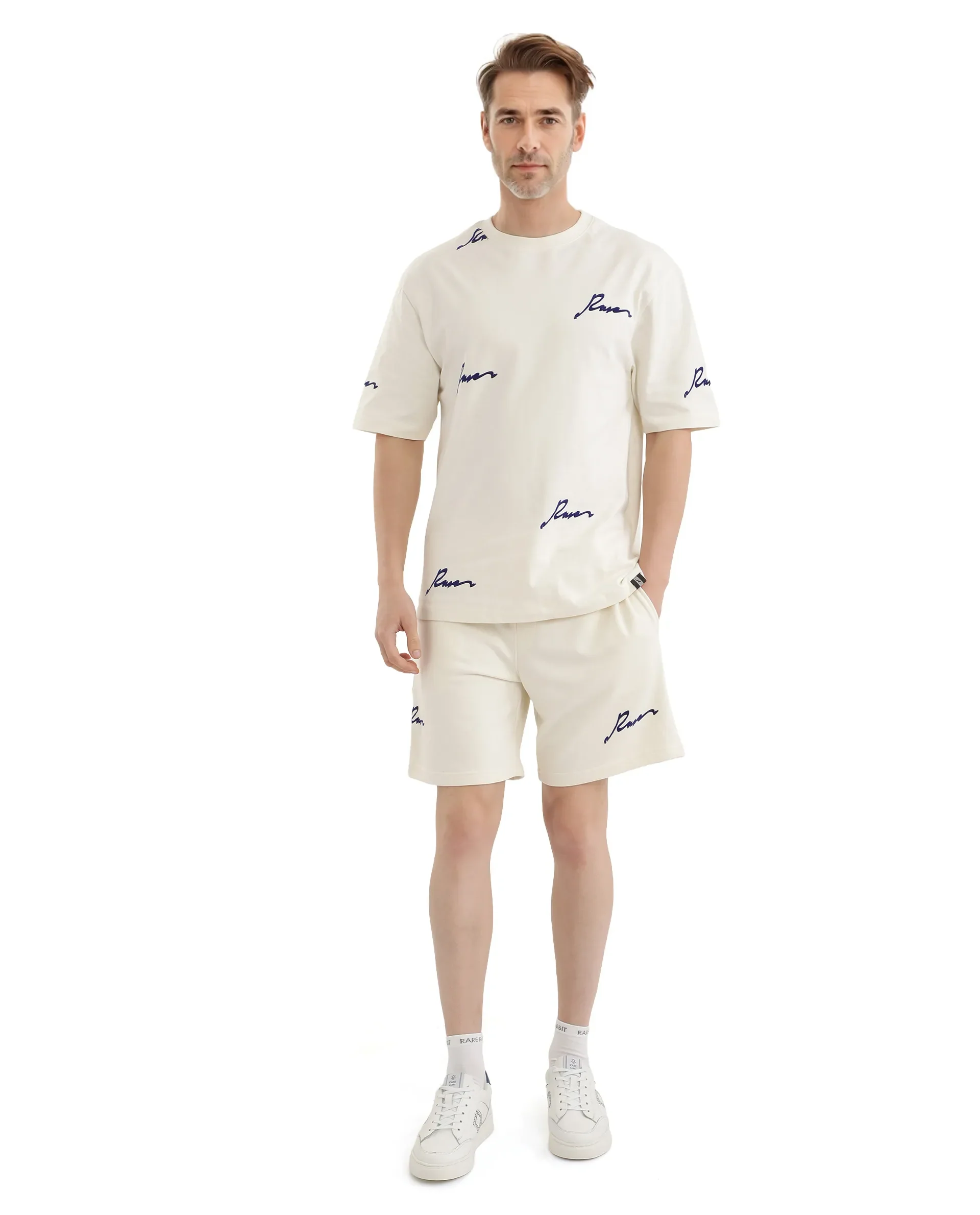 Rare Rabbit Men's Erken Off White Cotton Graphic Print Oversized Fit Half Sleeve Crew Neck T-Shirt - Image 2