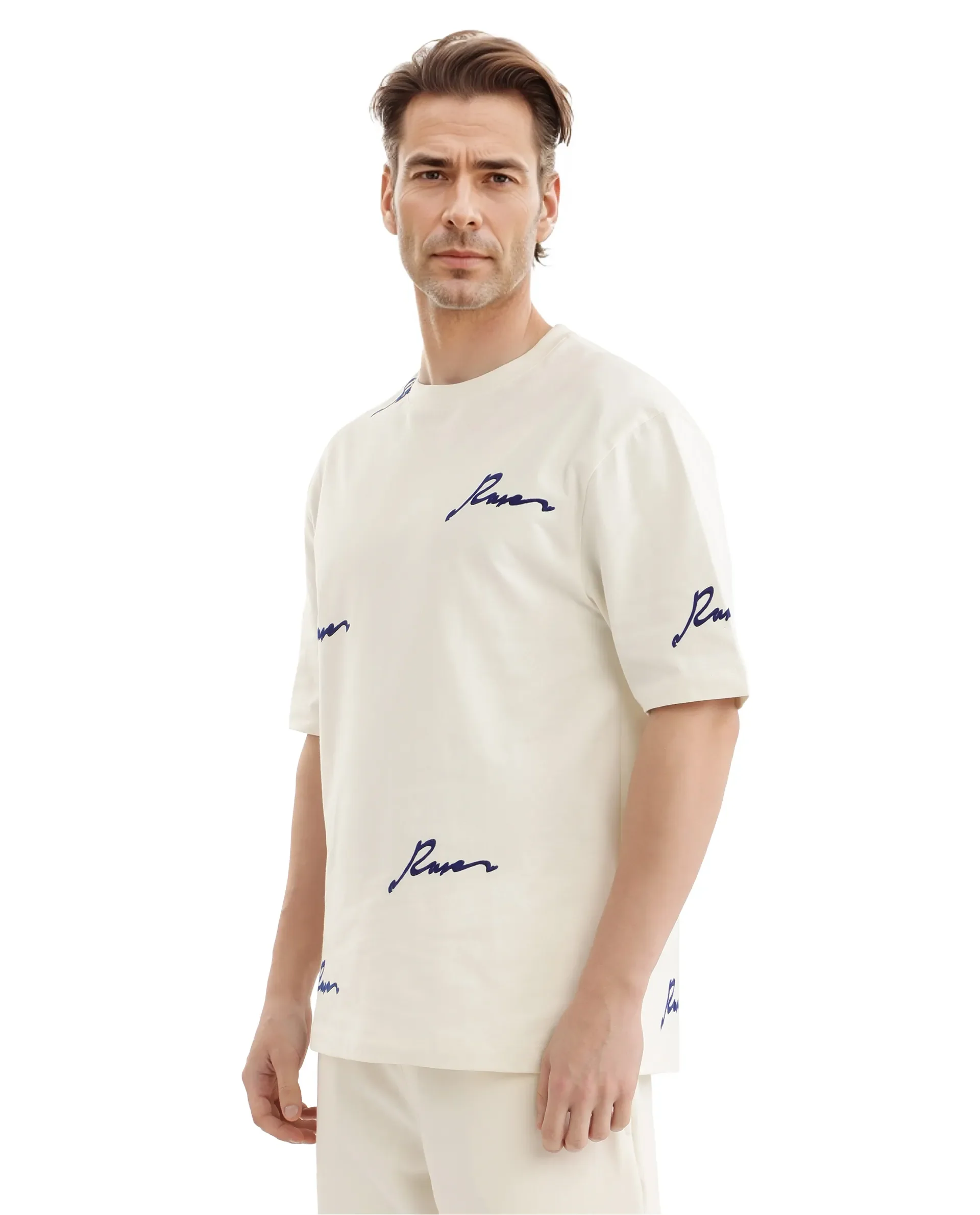 Rare Rabbit Men's Erken Off White Cotton Graphic Print Oversized Fit Half Sleeve Crew Neck T-Shirt - Image 4