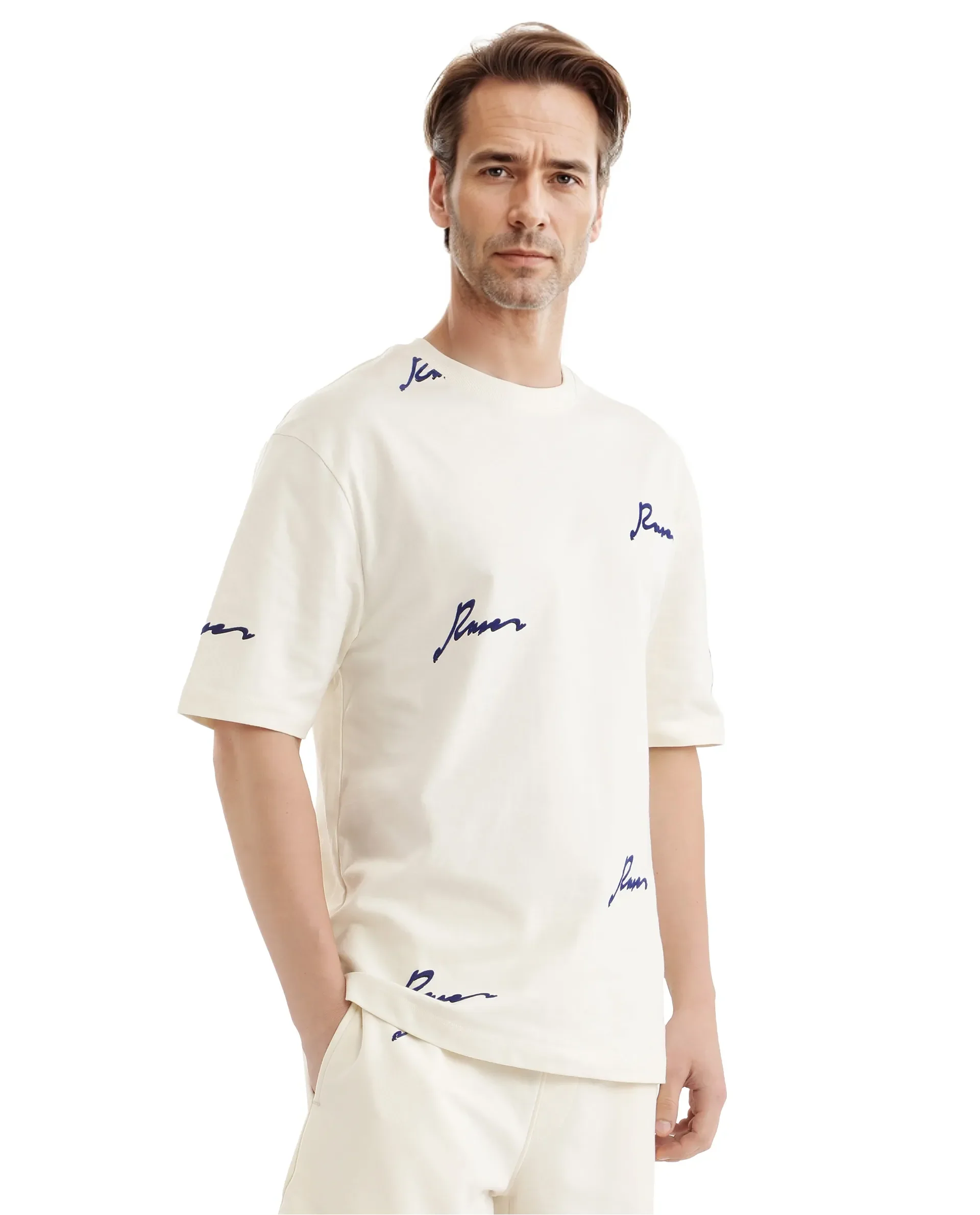 Rare Rabbit Men's Erken Off White Cotton Graphic Print Oversized Fit Half Sleeve Crew Neck T-Shirt - Image 5