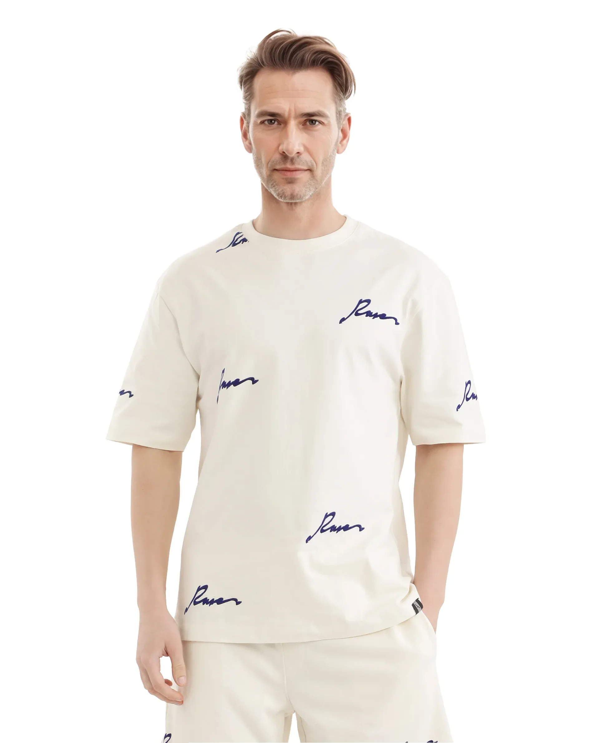 Rare Rabbit Men's Erken Off White Cotton Graphic Print Oversized Fit Half Sleeve Crew Neck T-Shirt - Image 7