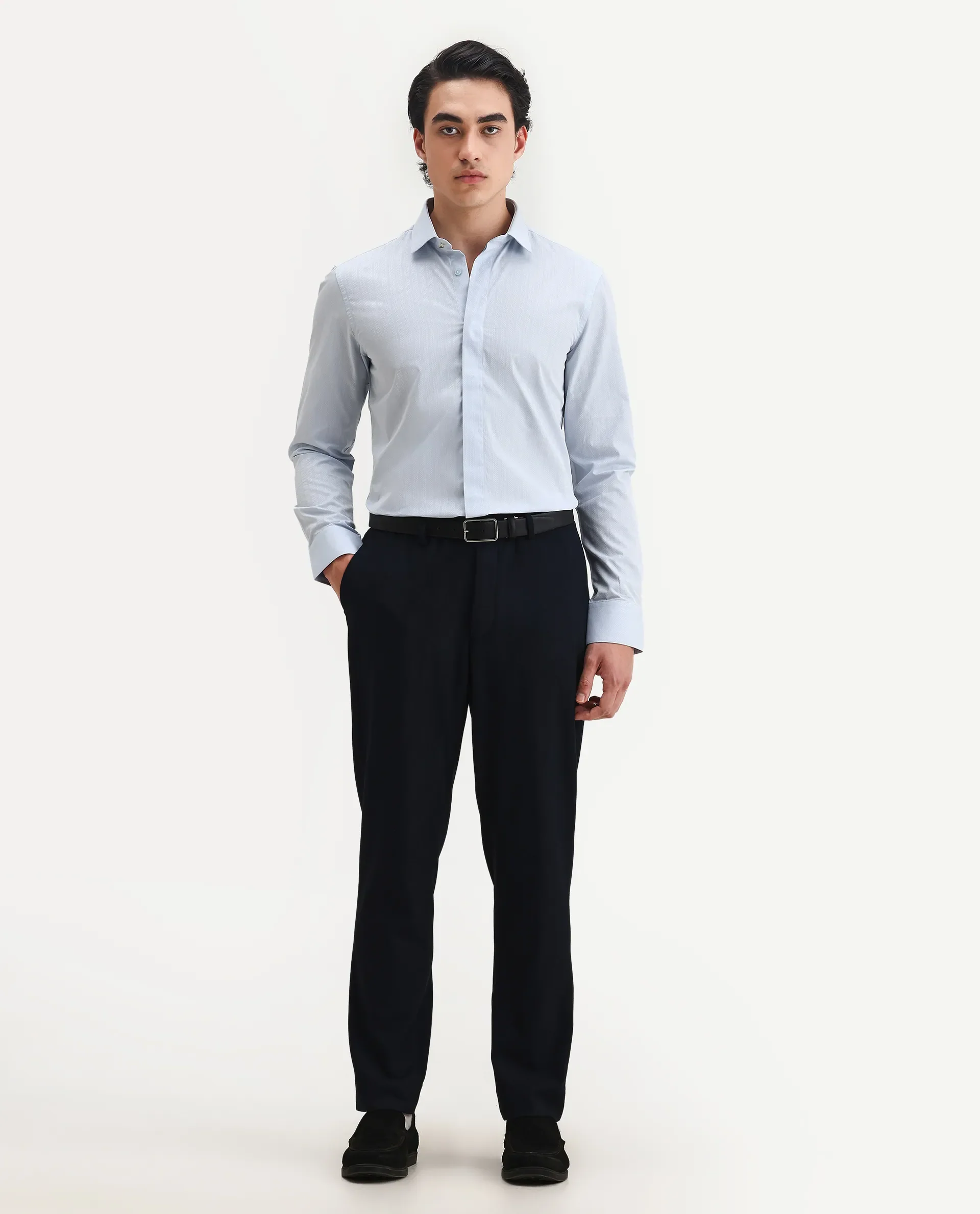 Rare Rabbit Men's Erlane Pastel Blue Cotton Plain Regular Fit Full Sleeve Collared Shirt - Image 2