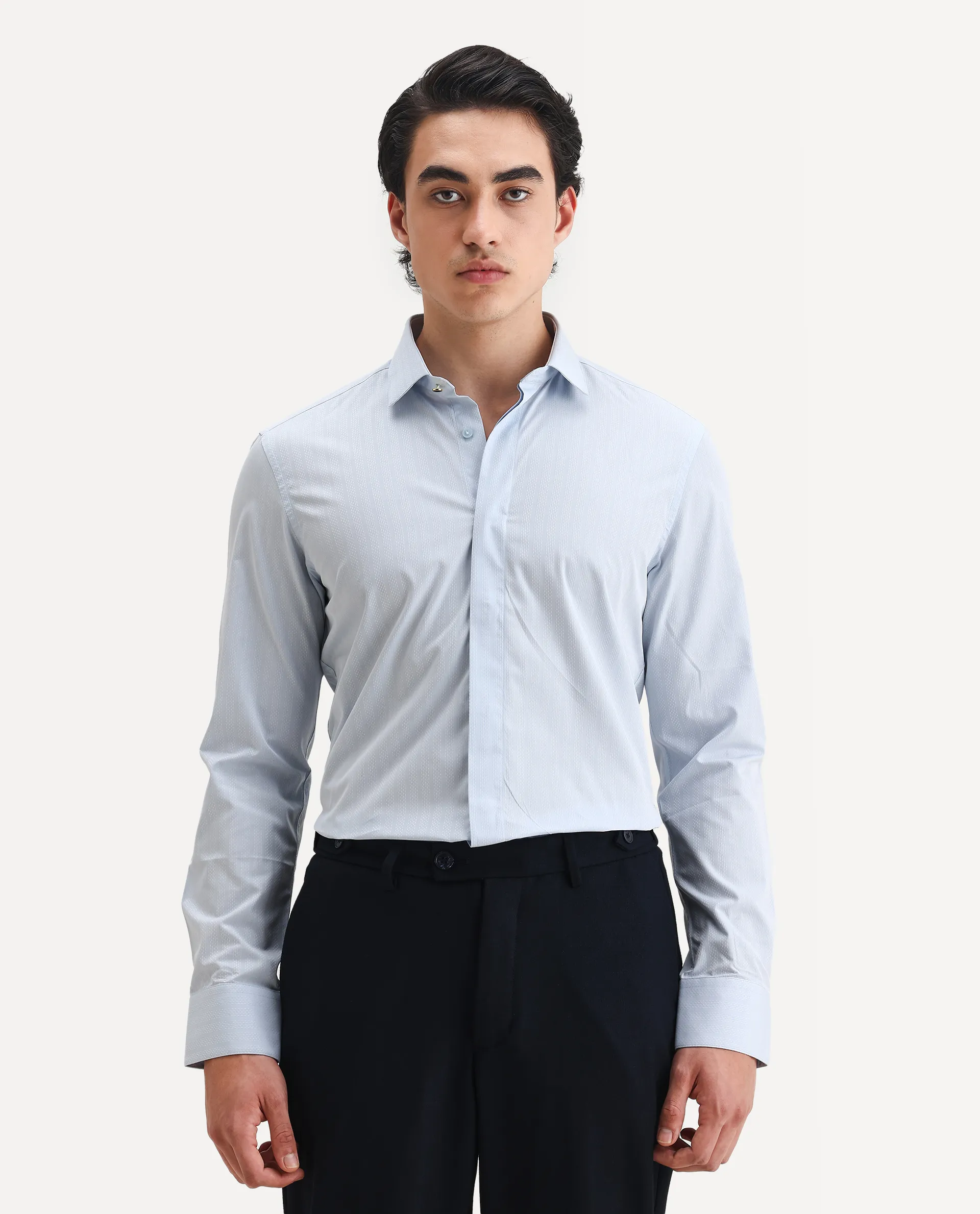 Rare Rabbit Men's Erlane Pastel Blue Cotton Plain Regular Fit Full Sleeve Collared Shirt - Image 4
