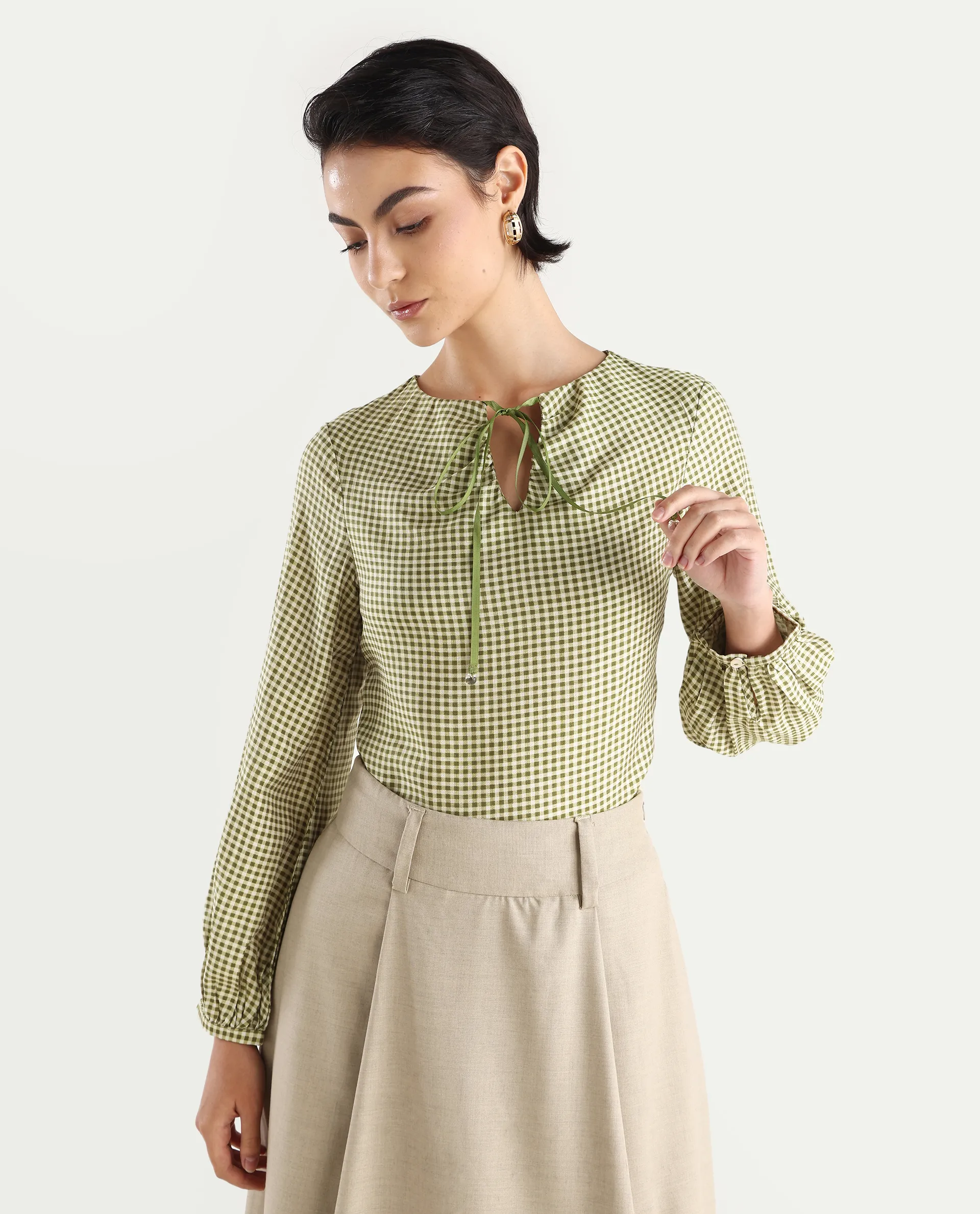 Rareism Women's Erlinee Olive Polyester Tie-Up Neck Flannel Print Bishop Sleeve Regular Fitted Top