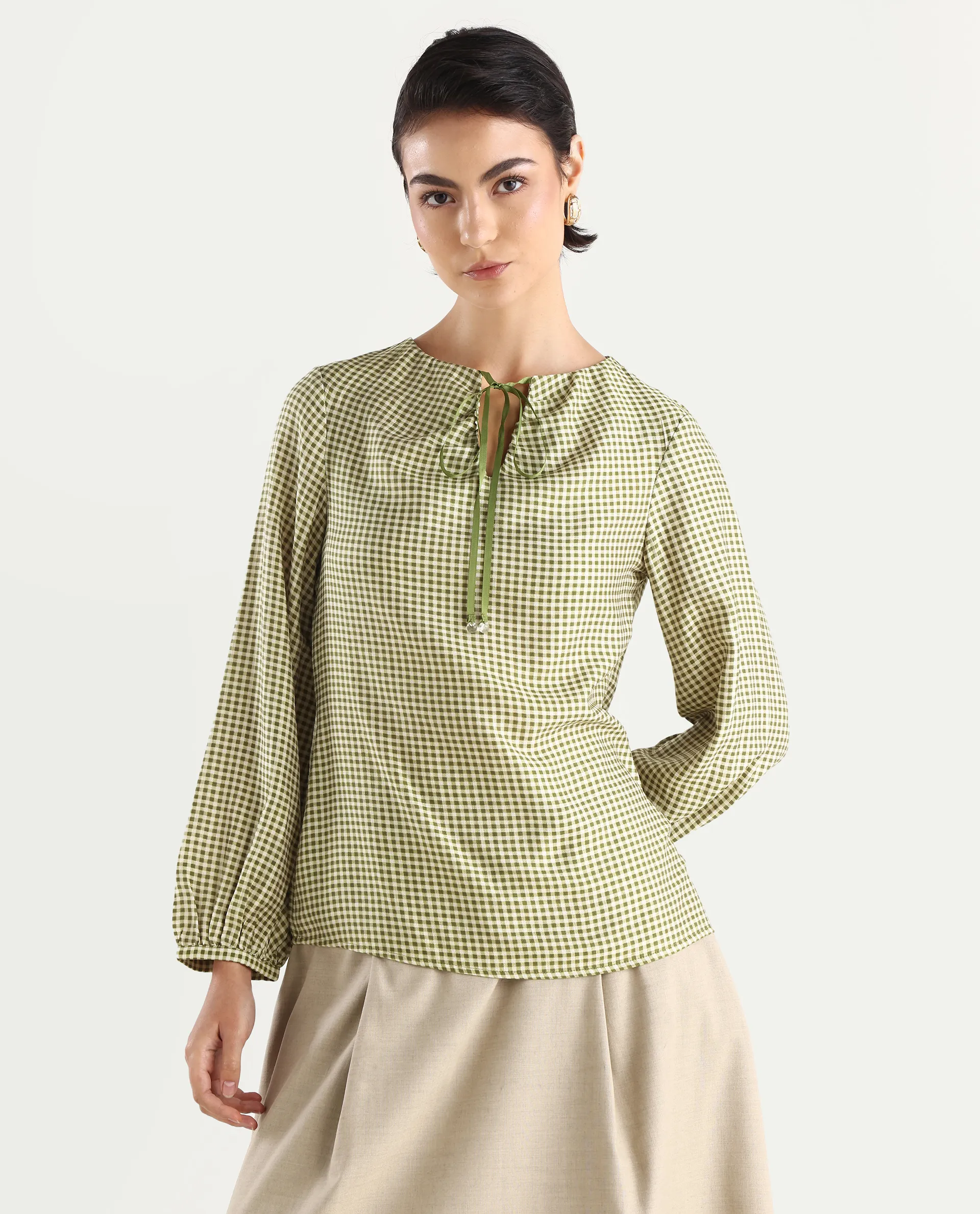 Rareism Women's Erlinee Olive Polyester Tie-Up Neck Flannel Print Bishop Sleeve Regular Fitted Top - Image 3