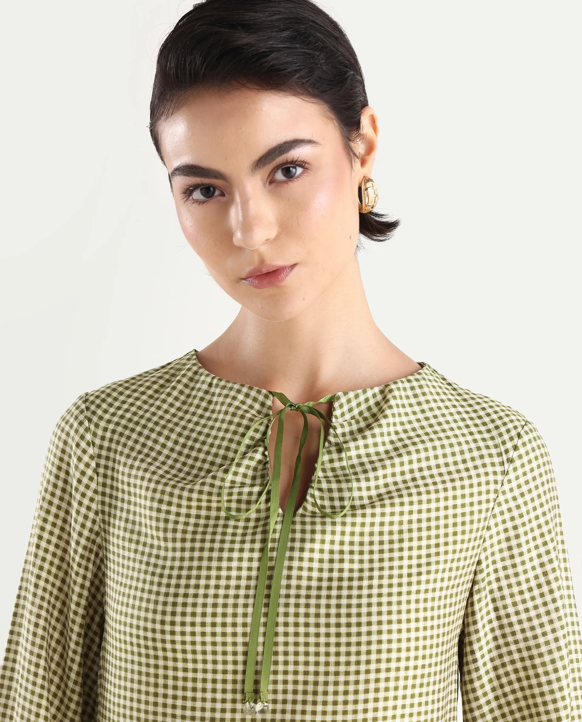 Rareism Women's Erlinee Olive Polyester Tie-Up Neck Flannel Print Bishop Sleeve Regular Fitted Top - Image 4