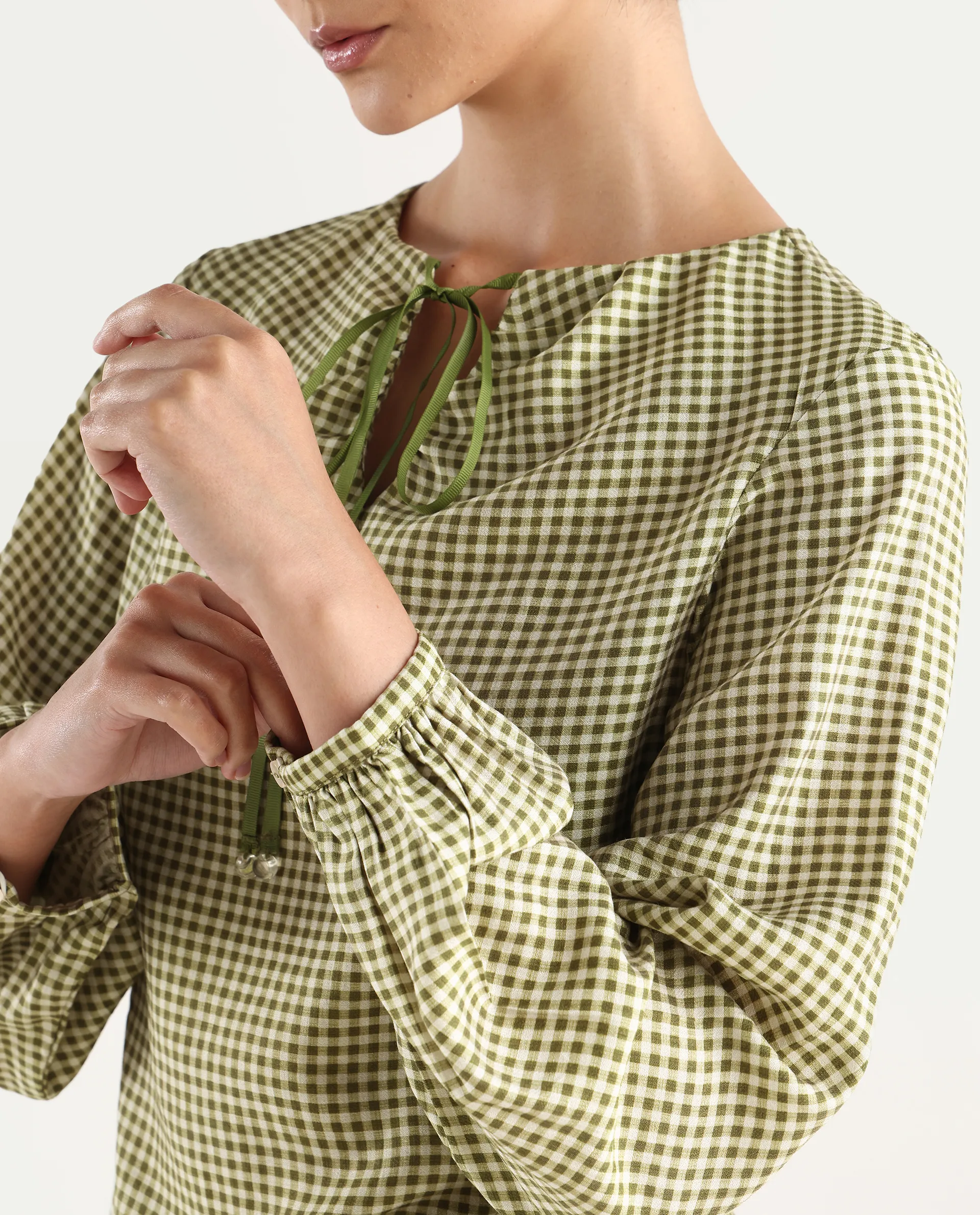 Rareism Women's Erlinee Olive Polyester Tie-Up Neck Flannel Print Bishop Sleeve Regular Fitted Top - Image 5