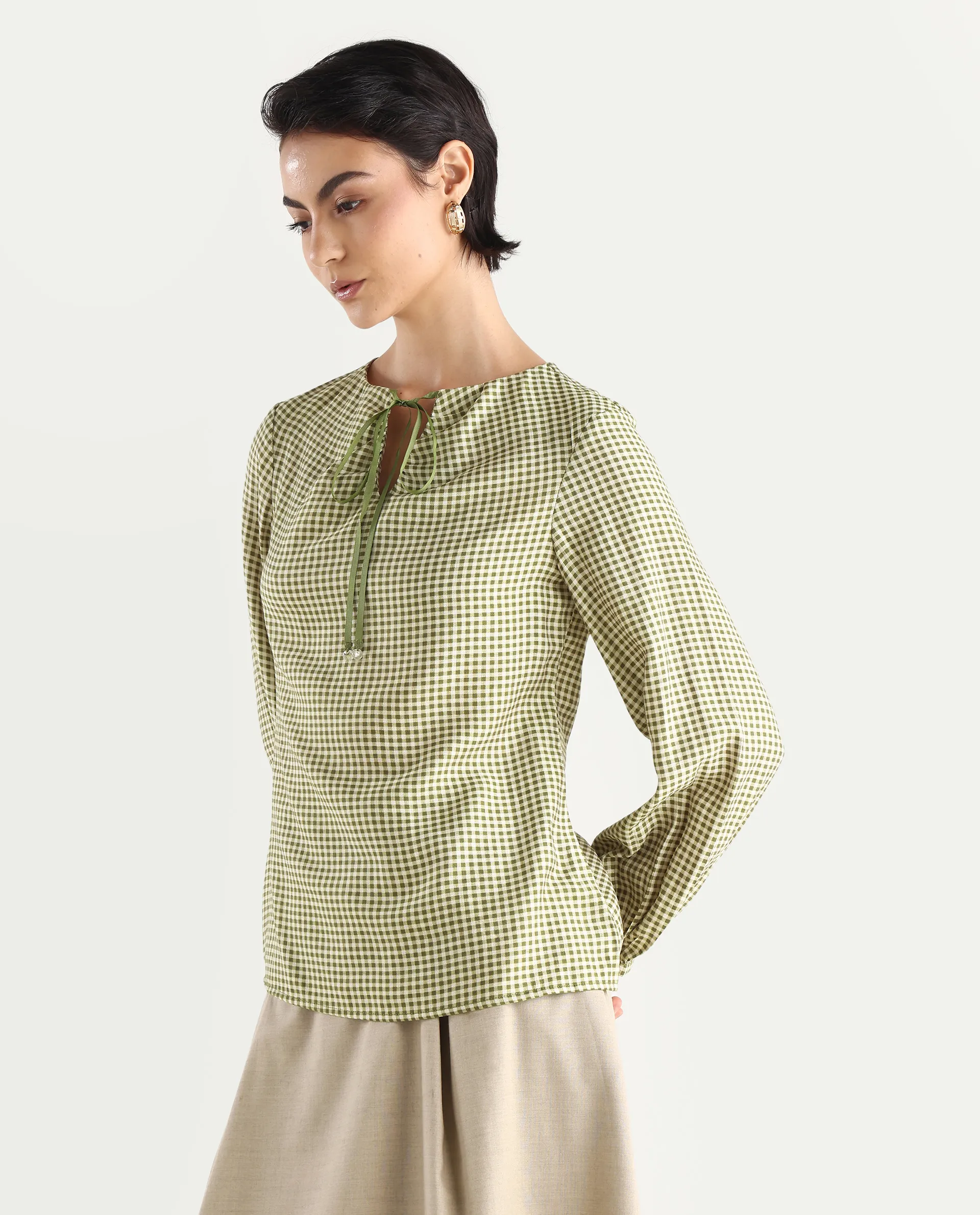 Rareism Women's Erlinee Olive Polyester Tie-Up Neck Flannel Print Bishop Sleeve Regular Fitted Top - Image 6