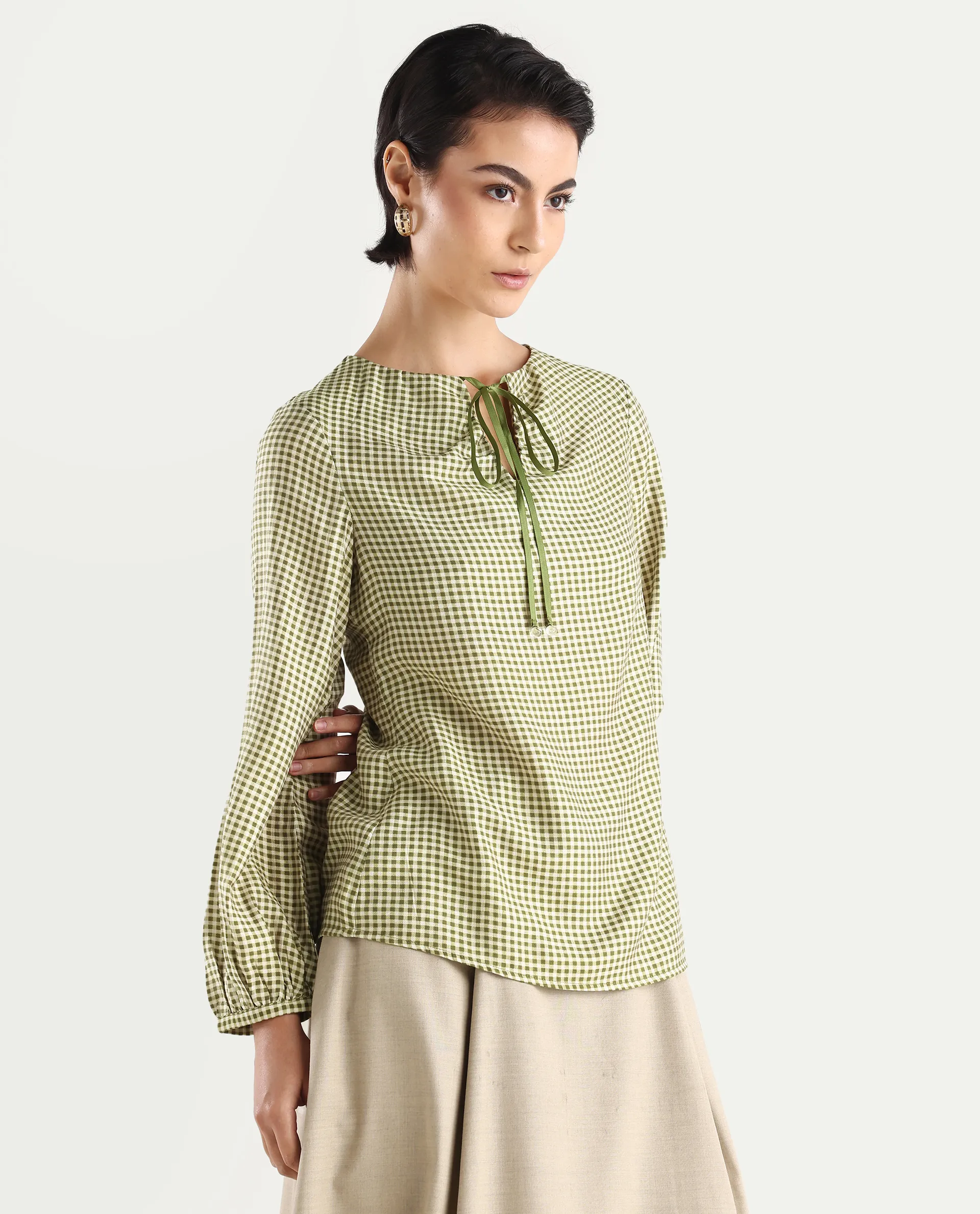 Rareism Women's Erlinee Olive Polyester Tie-Up Neck Flannel Print Bishop Sleeve Regular Fitted Top - Image 7
