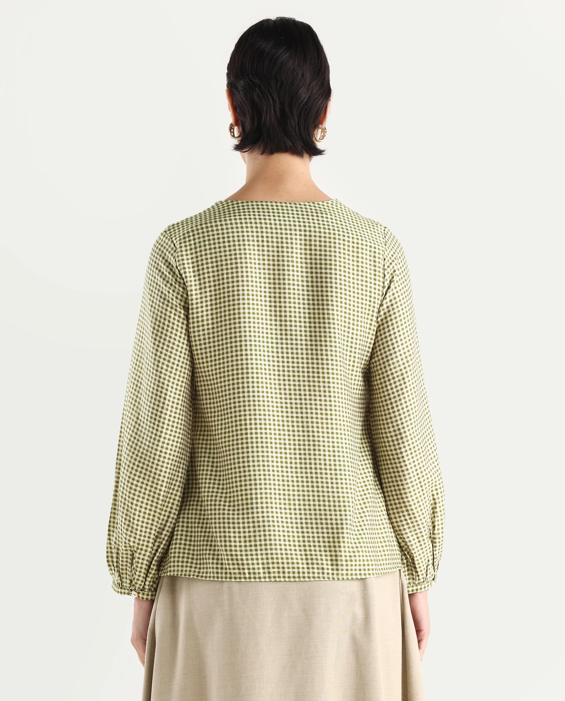 Rareism Women's Erlinee Olive Polyester Tie-Up Neck Flannel Print Bishop Sleeve Regular Fitted Top - Image 8