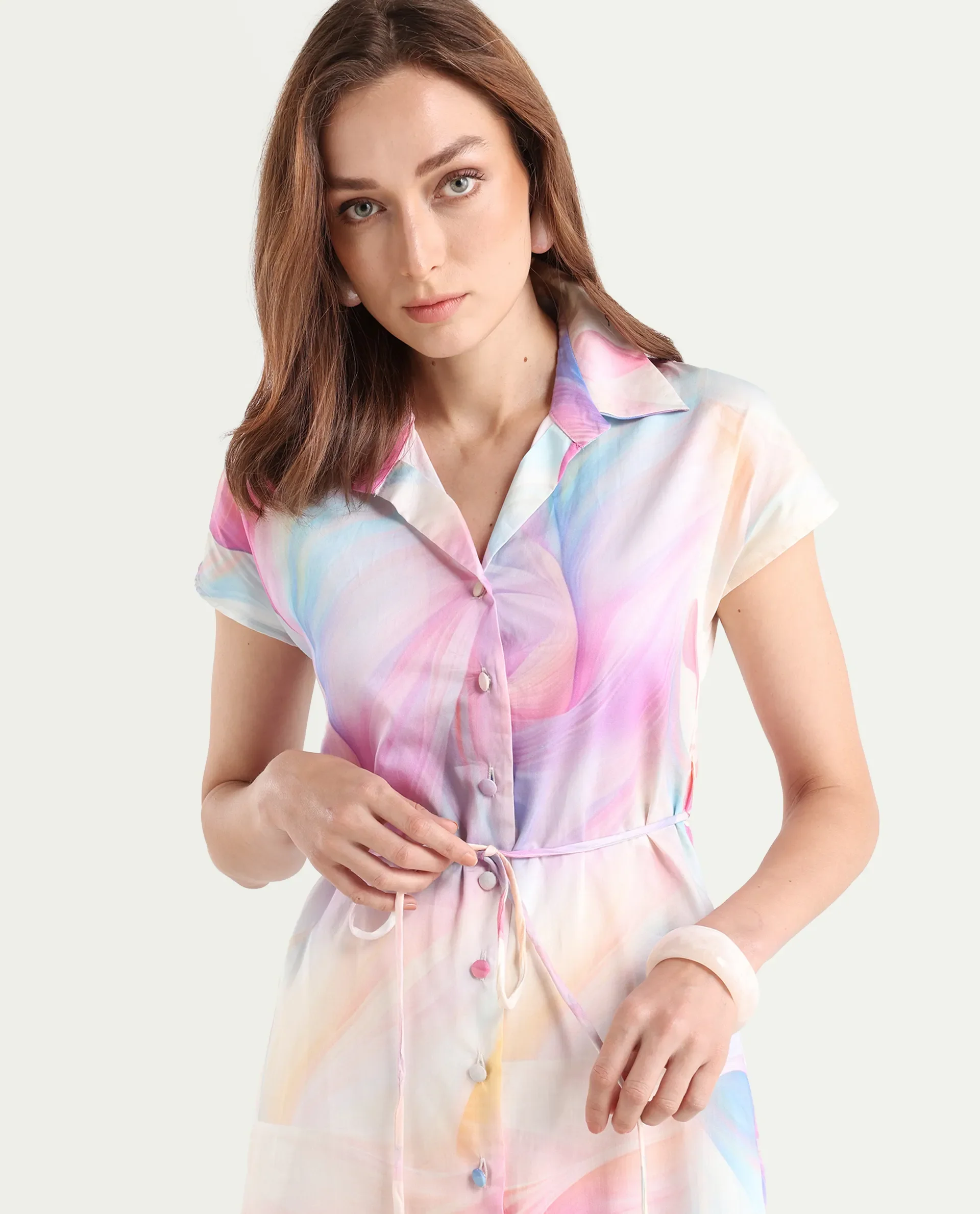 Rareism Women's Erlong Multi Cotton Blend Drop Collar Abstract Print Midi A-Line Dress - Image 3