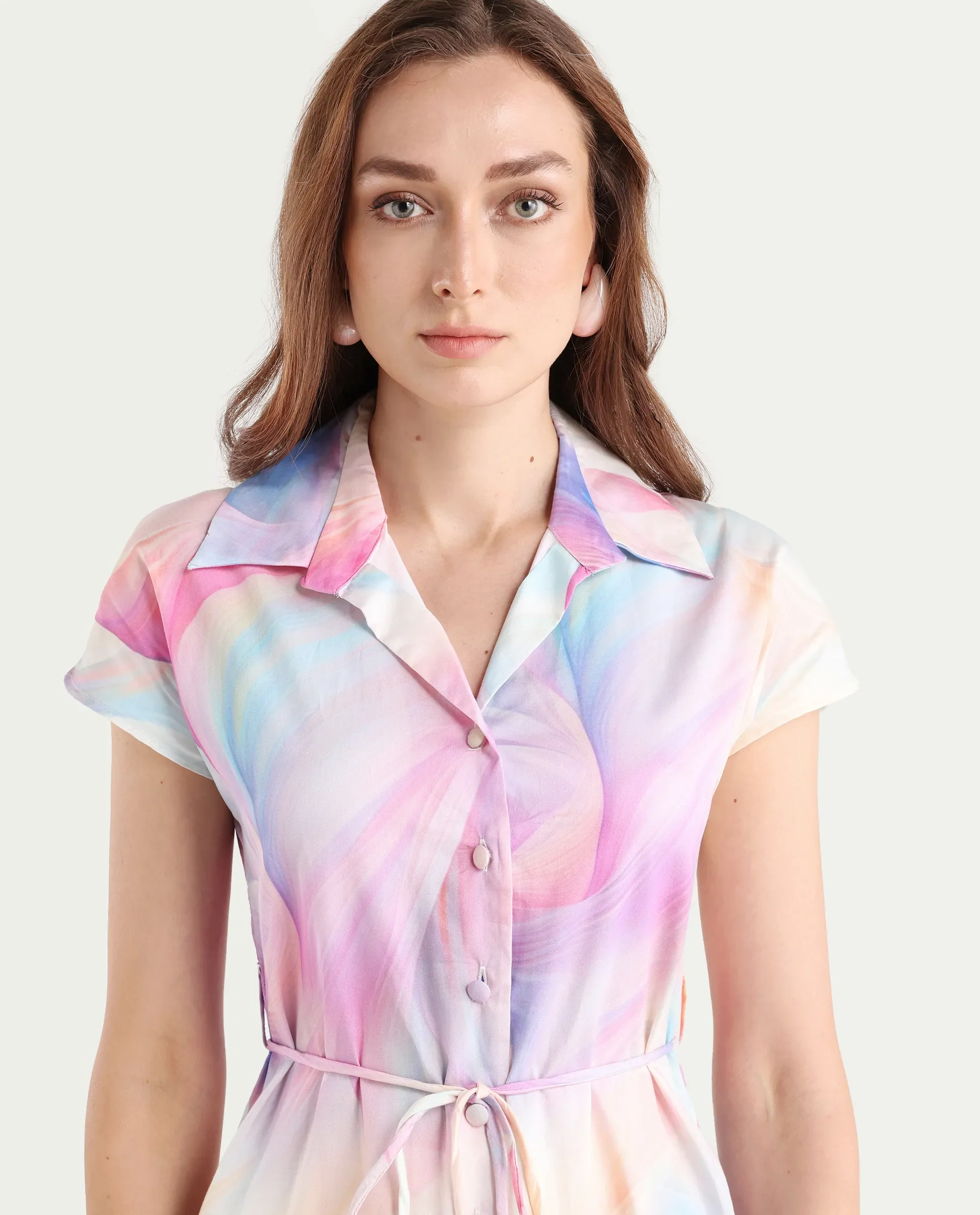 Rareism Women's Erlong Multi Cotton Blend Drop Collar Abstract Print Midi A-Line Dress - Image 4
