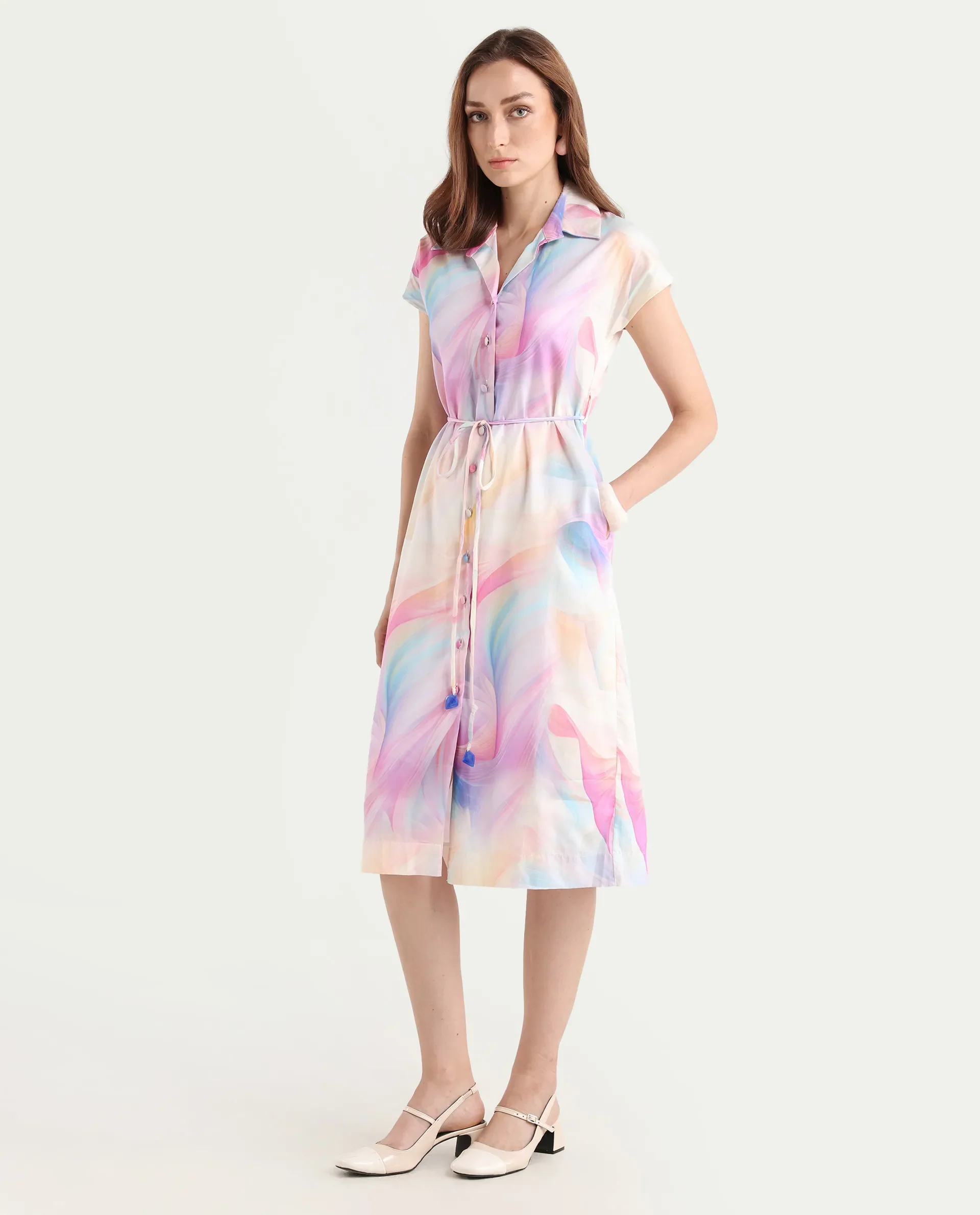 Rareism Women's Erlong Multi Cotton Blend Drop Collar Abstract Print Midi A-Line Dress - Image 6