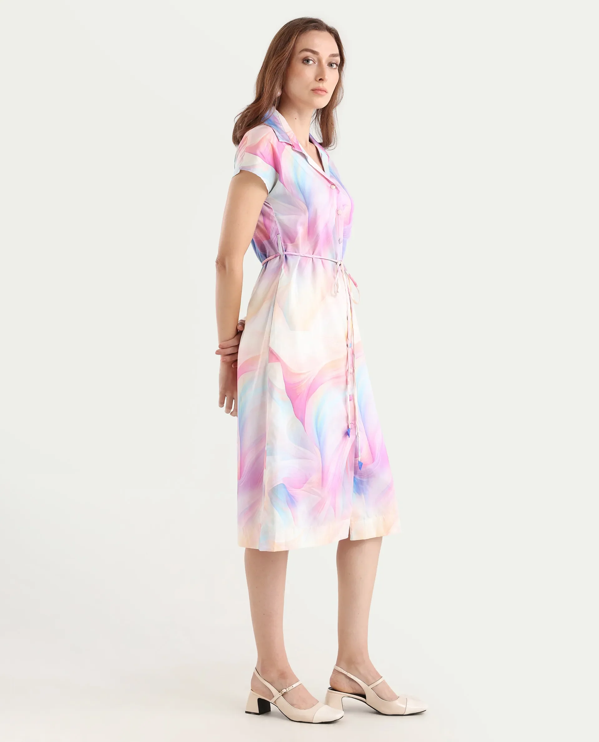 Rareism Women's Erlong Multi Cotton Blend Drop Collar Abstract Print Midi A-Line Dress - Image 7