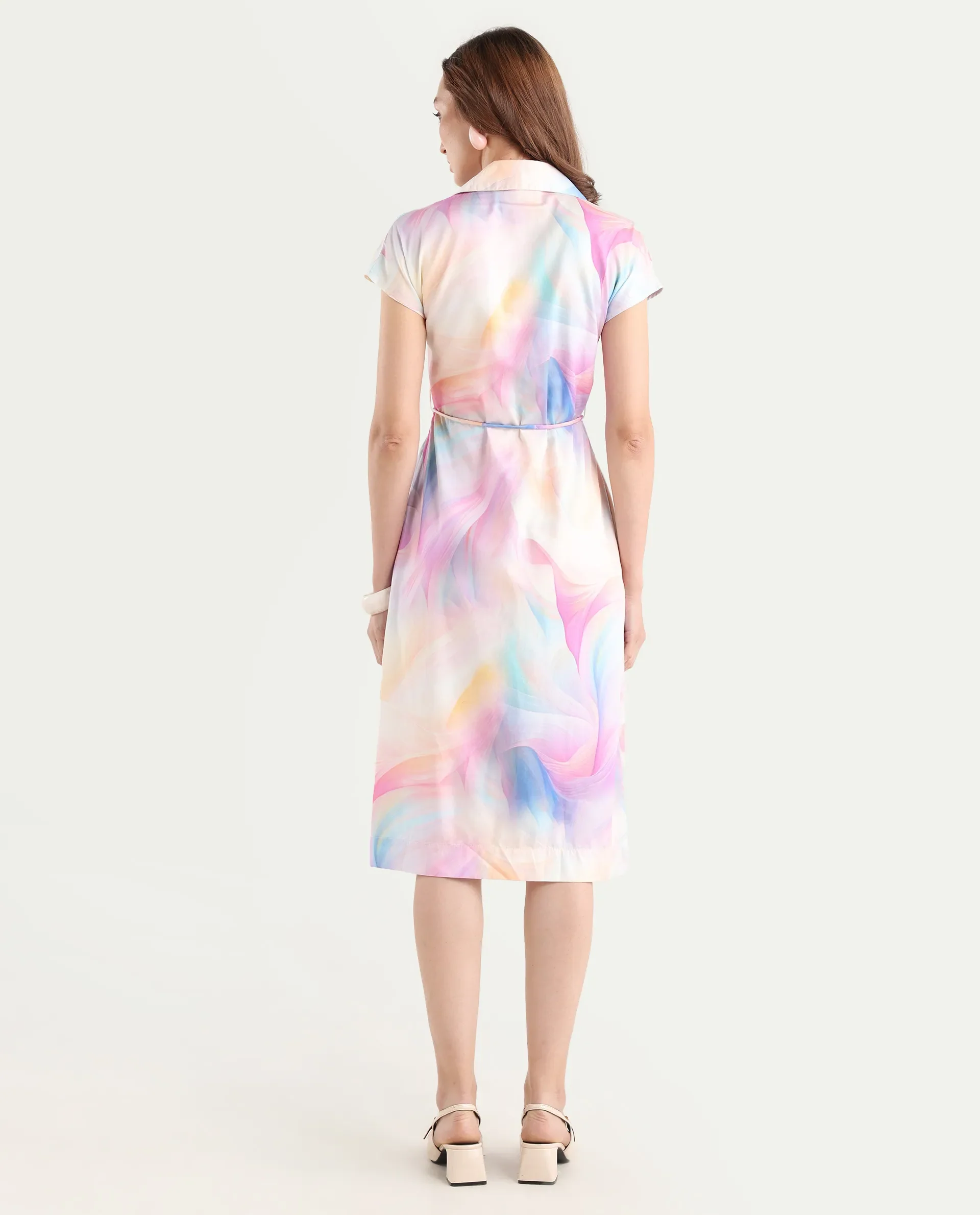 Rareism Women's Erlong Multi Cotton Blend Drop Collar Abstract Print Midi A-Line Dress - Image 8