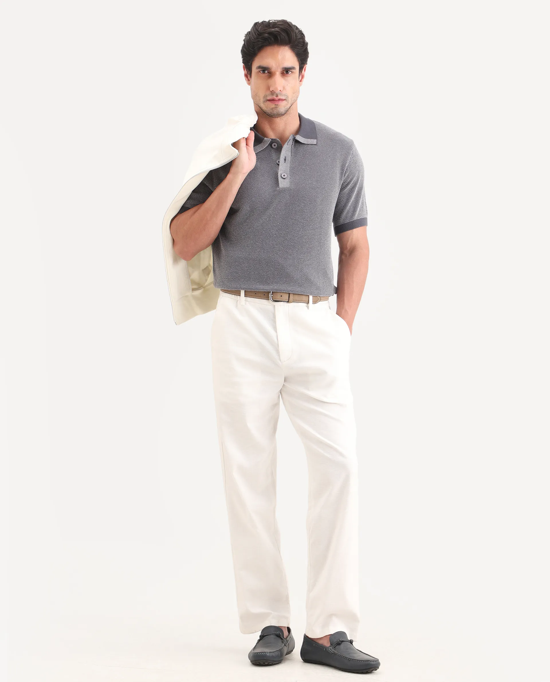Rare Rabbit Men's Erme Dark Grey Cotton Fabric Half Sleeve Spread Collar Regular Jacquard Polo - Image 2