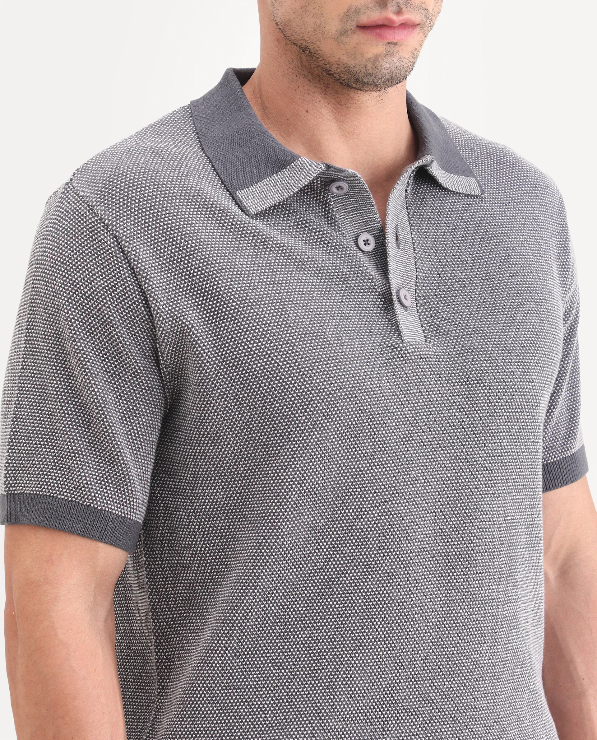 Rare Rabbit Men's Erme Dark Grey Cotton Fabric Half Sleeve Spread Collar Regular Jacquard Polo - Image 3
