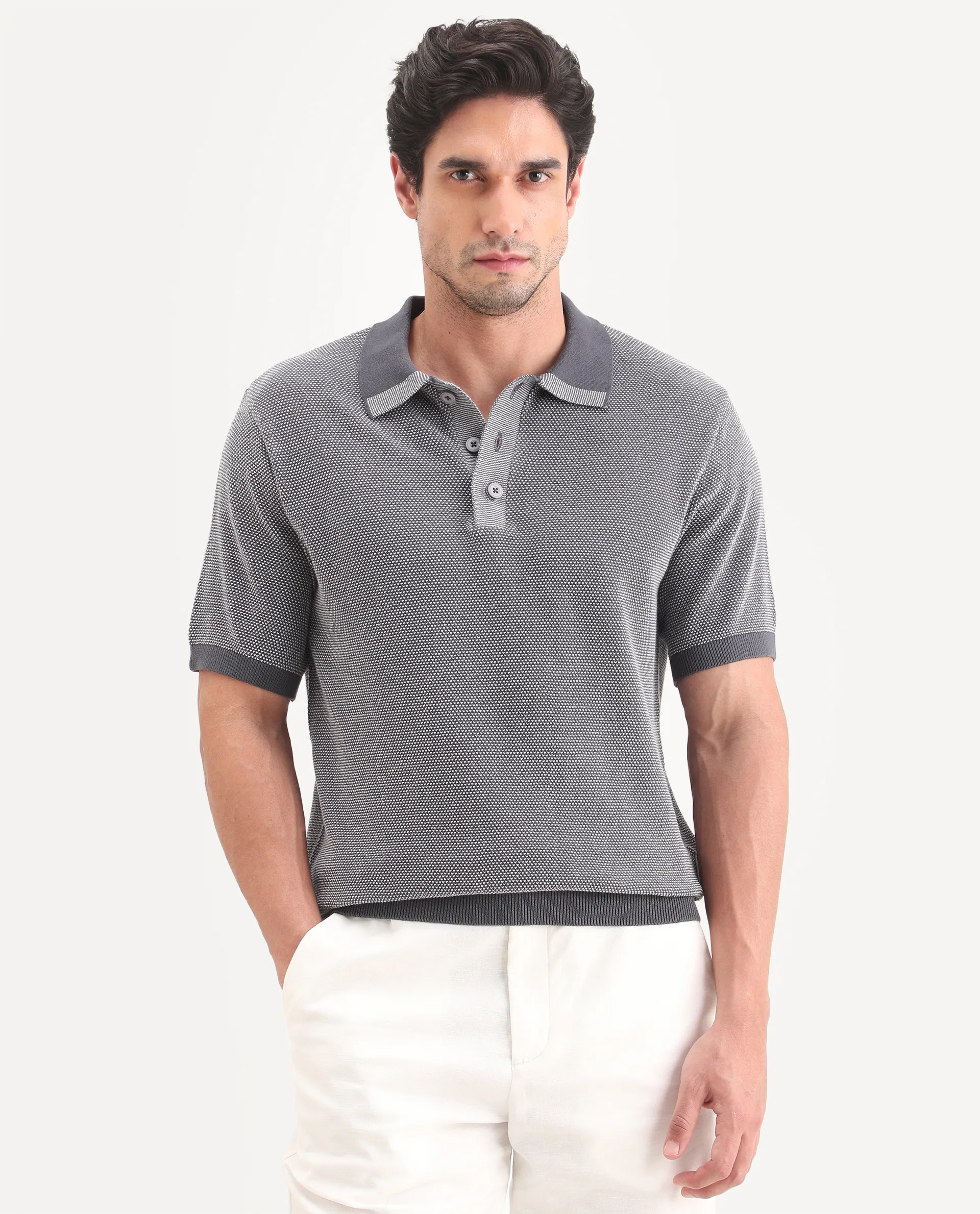 Rare Rabbit Men's Erme Dark Grey Cotton Fabric Half Sleeve Spread Collar Regular Jacquard Polo - Image 4
