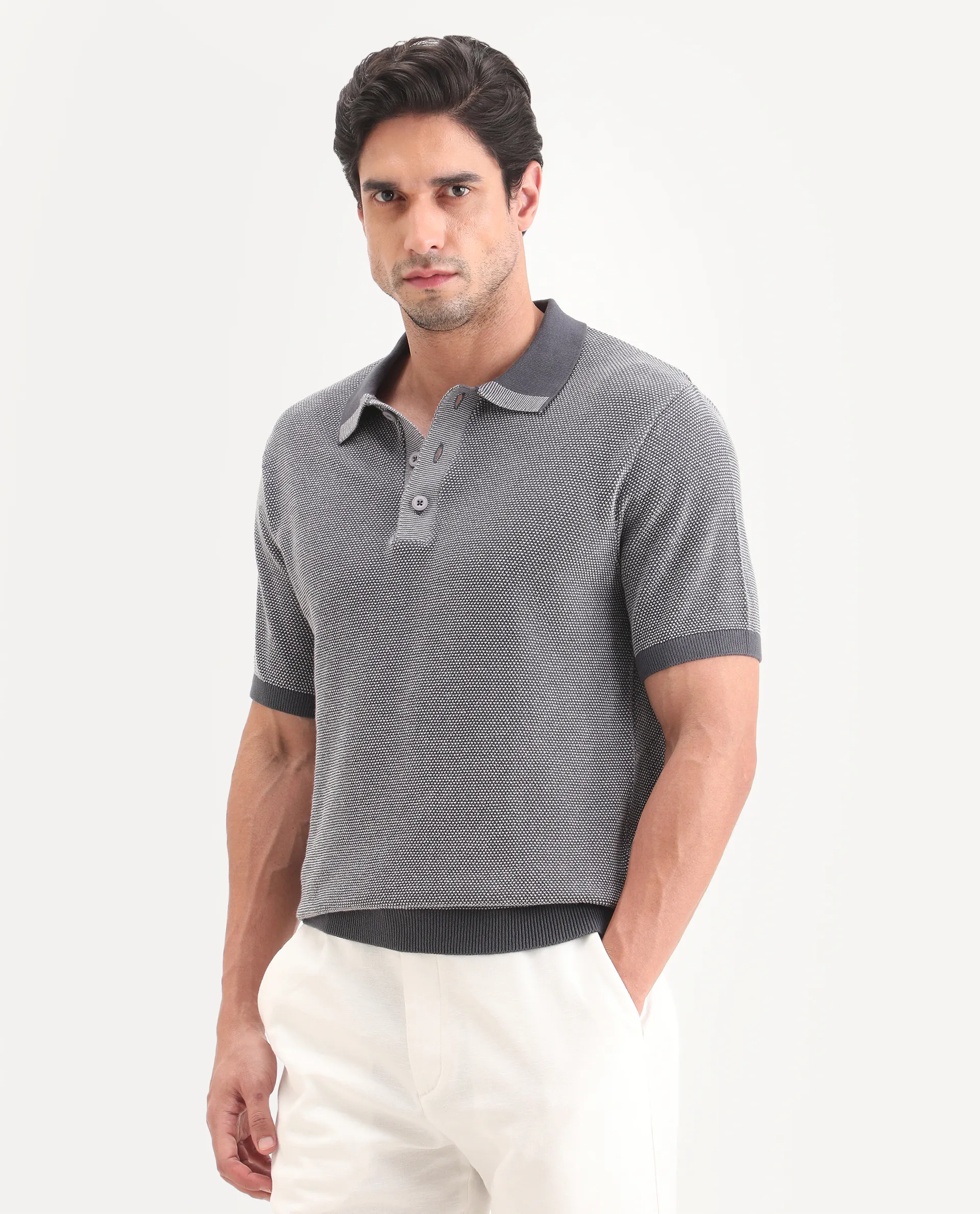 Rare Rabbit Men's Erme Dark Grey Cotton Fabric Half Sleeve Spread Collar Regular Jacquard Polo - Image 5