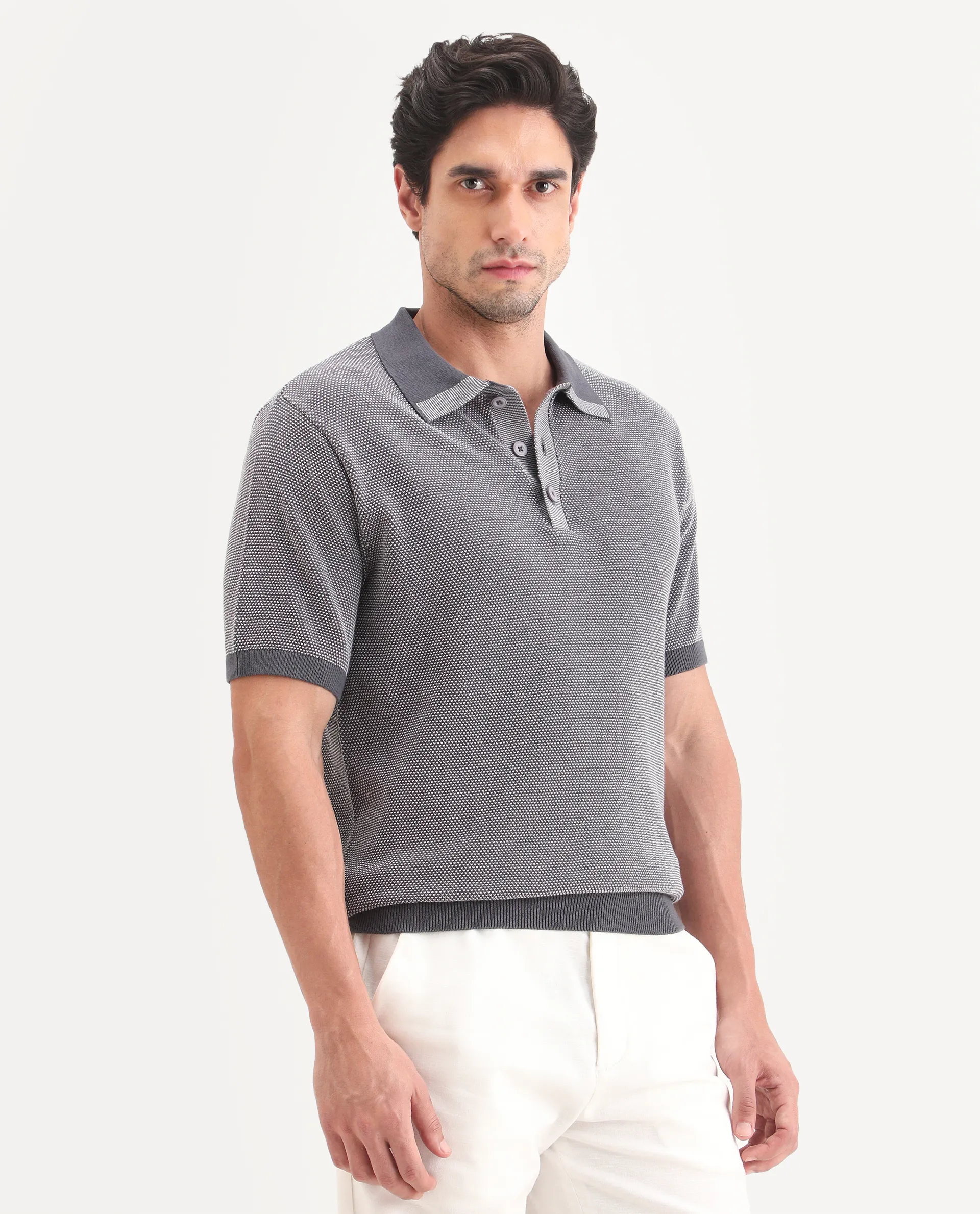 Rare Rabbit Men's Erme Dark Grey Cotton Fabric Half Sleeve Spread Collar Regular Jacquard Polo - Image 6