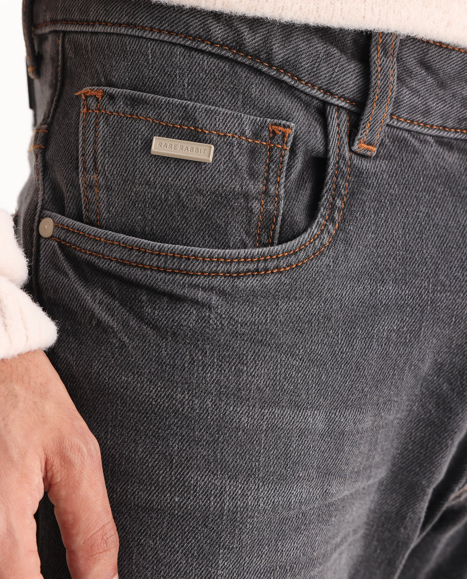 Rare Rabbit Men's Ermis Grey Cotton Blend Plain Hawk Slim Fit Jeans - Image 3