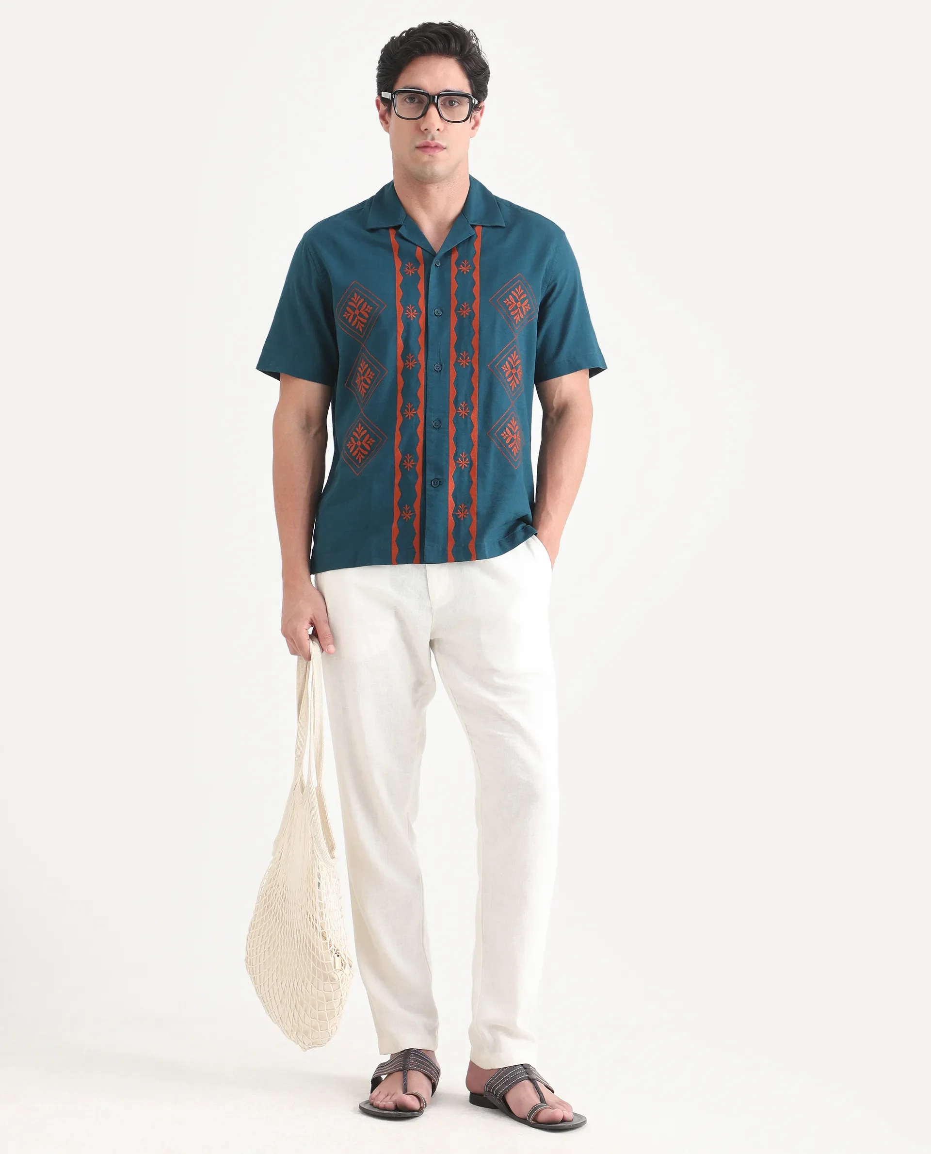 Rare Rabbit Men's Eron Dark Teal Cotton Fabric Half Sleeve Cuban Collar Relaxed Fit Embroidered Shirt - Image 2