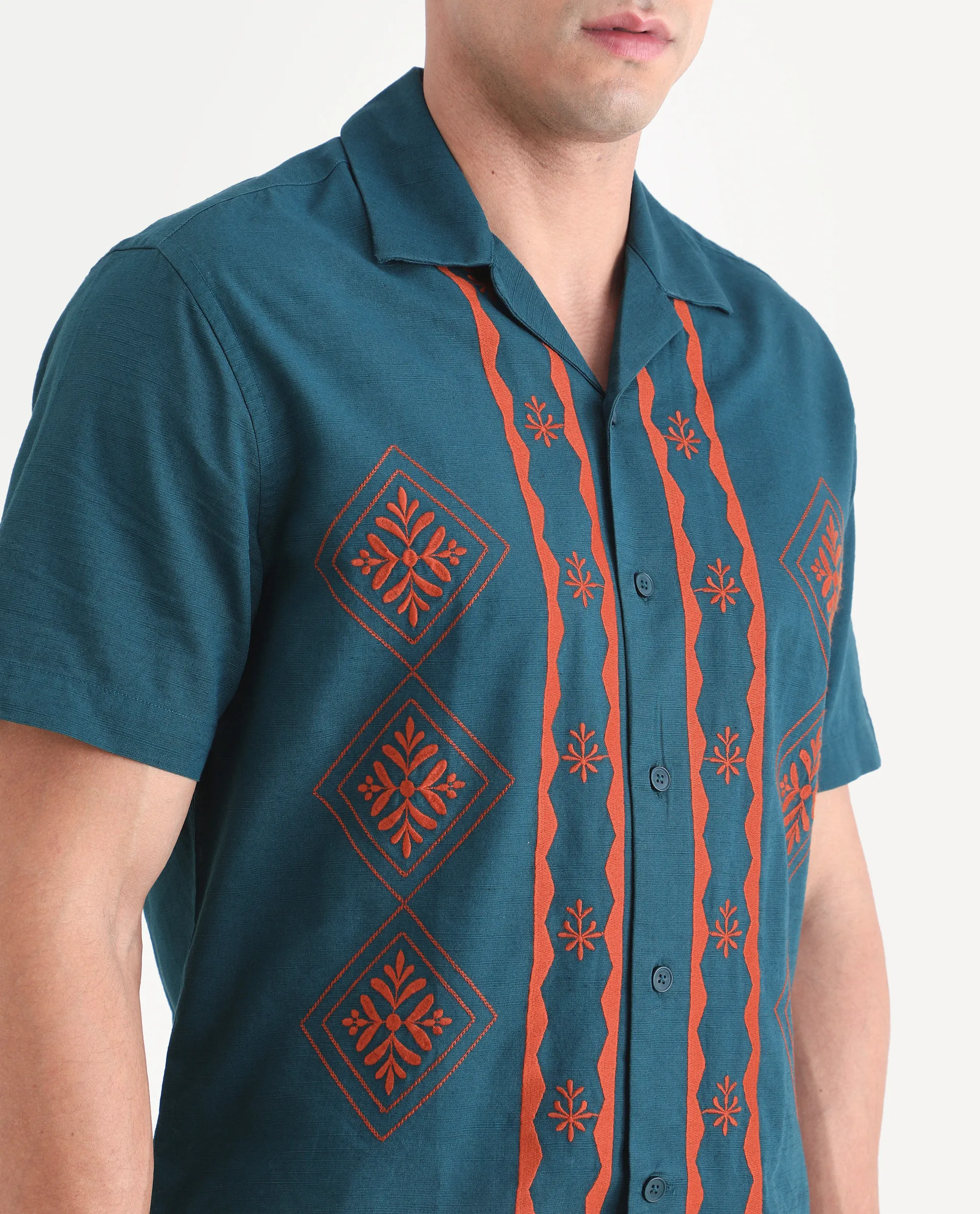 Rare Rabbit Men's Eron Dark Teal Cotton Fabric Half Sleeve Cuban Collar Relaxed Fit Embroidered Shirt - Image 3