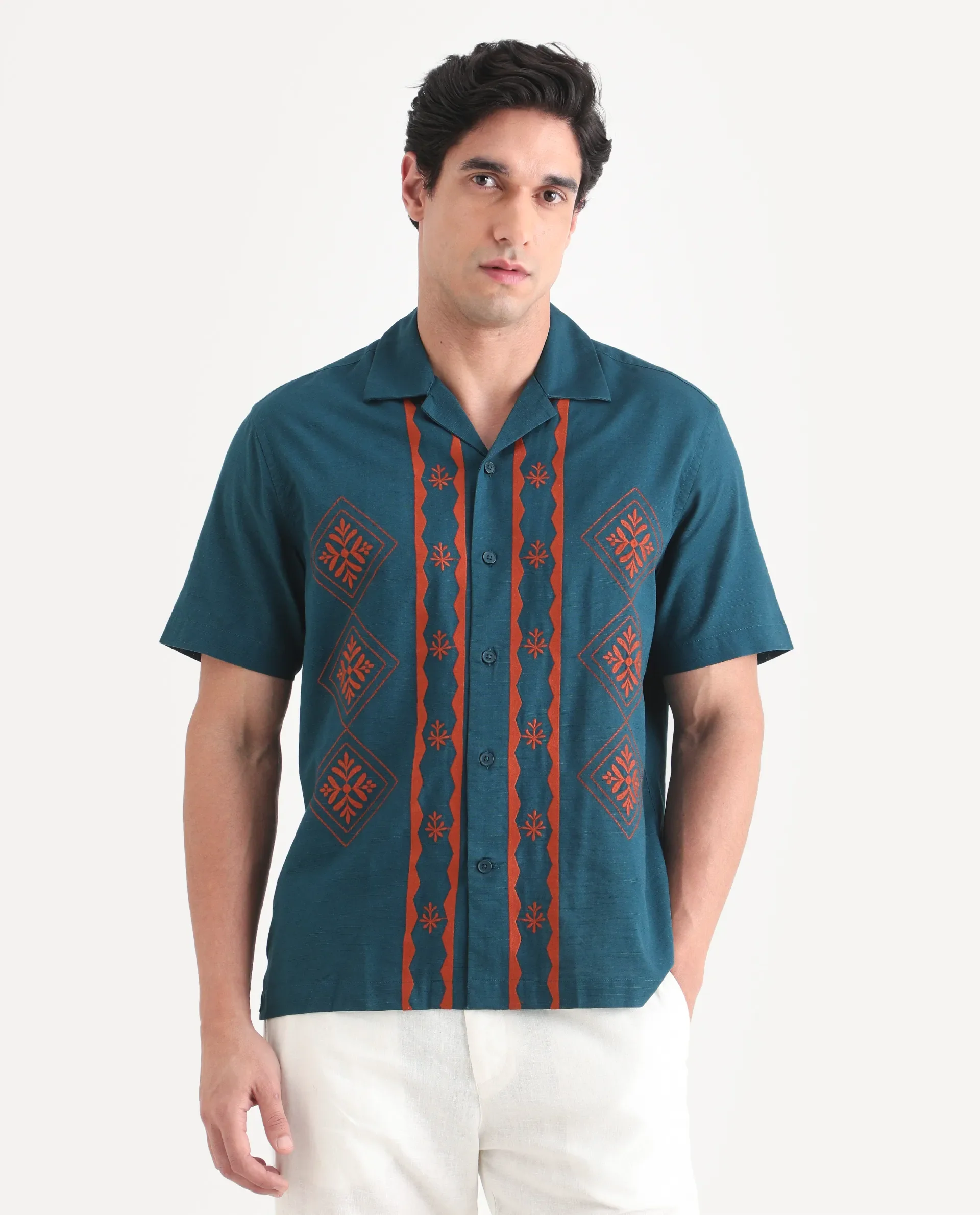 Rare Rabbit Men's Eron Dark Teal Cotton Fabric Half Sleeve Cuban Collar Relaxed Fit Embroidered Shirt - Image 4