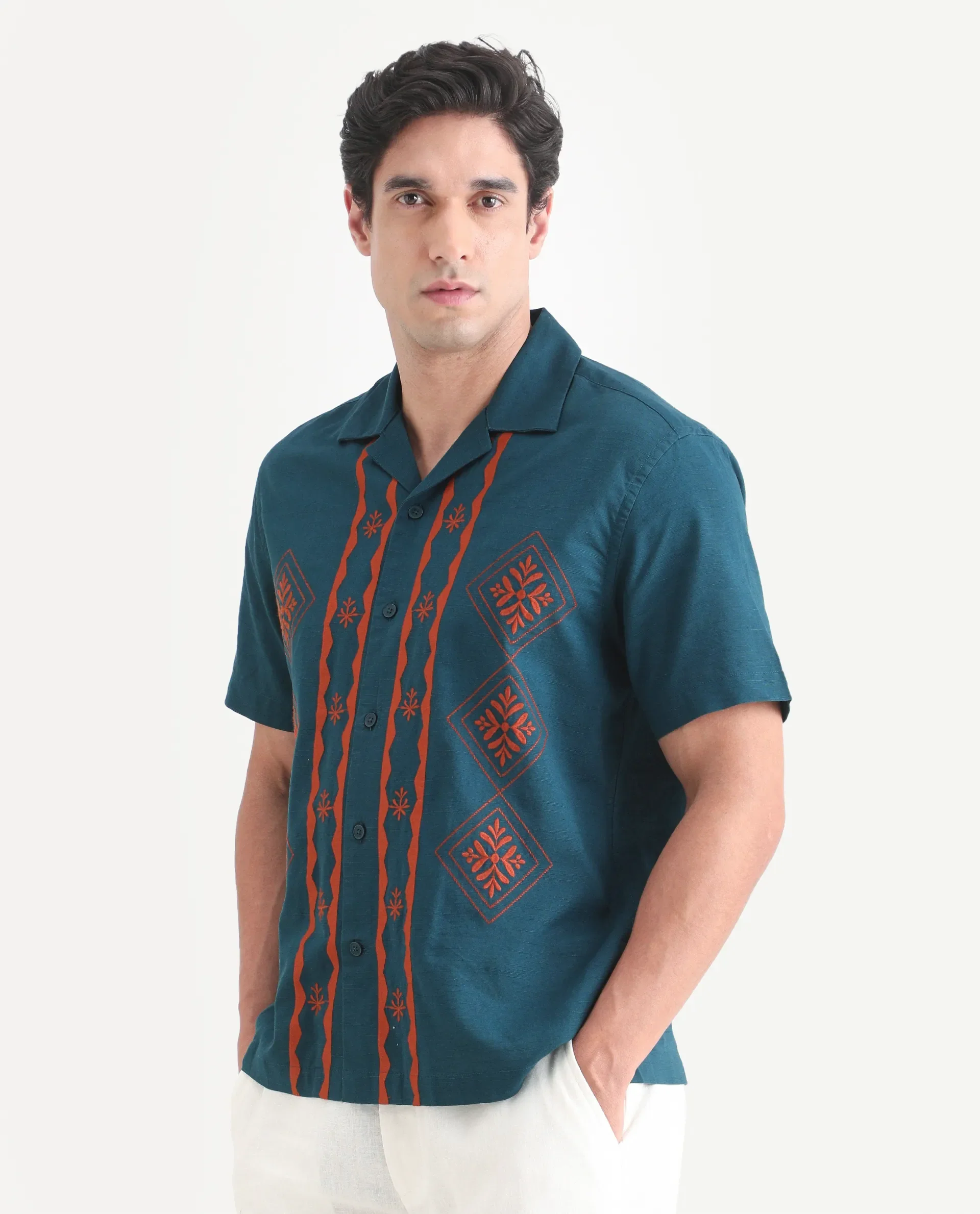 Rare Rabbit Men's Eron Dark Teal Cotton Fabric Half Sleeve Cuban Collar Relaxed Fit Embroidered Shirt - Image 5