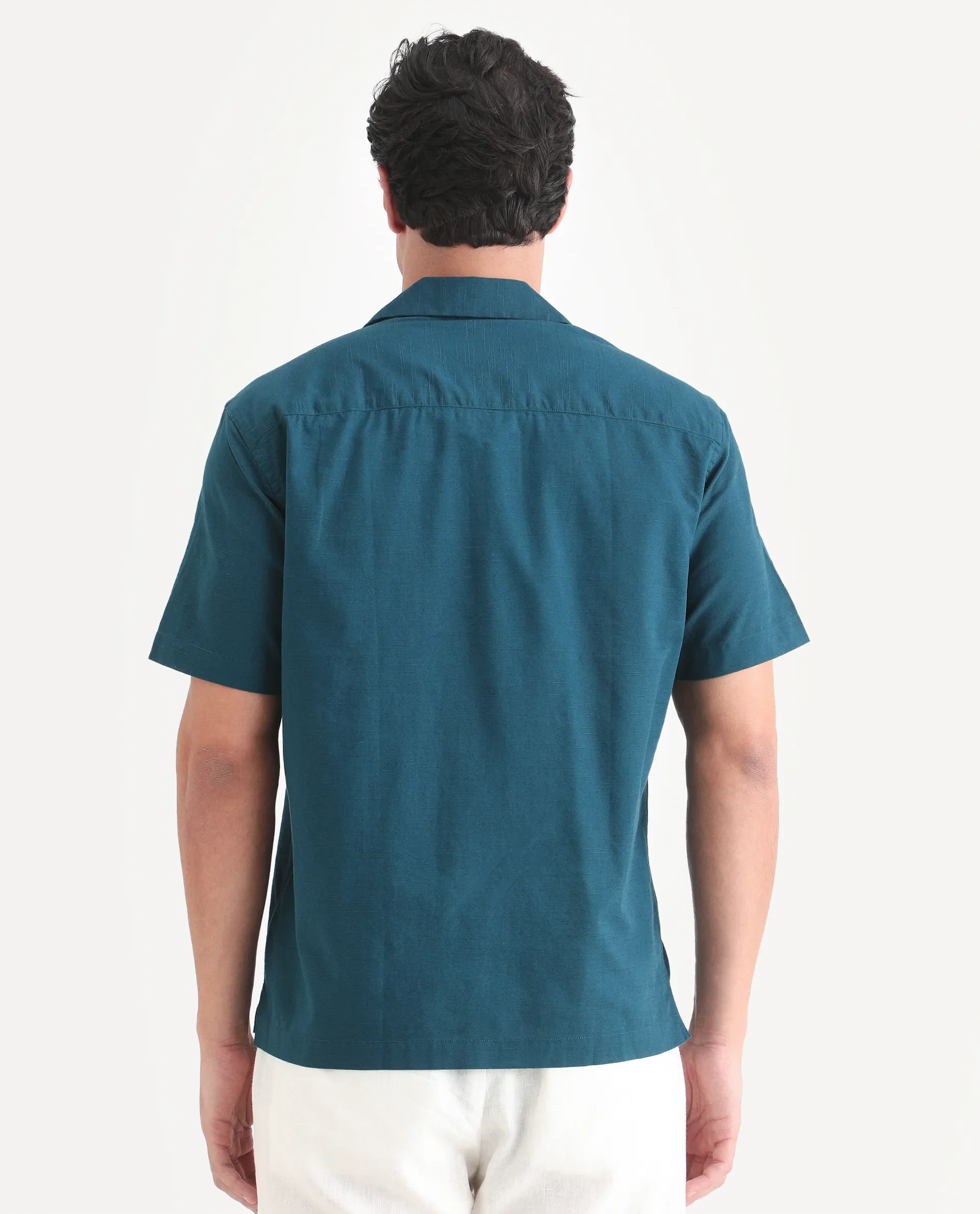 Rare Rabbit Men's Eron Dark Teal Cotton Fabric Half Sleeve Cuban Collar Relaxed Fit Embroidered Shirt - Image 6