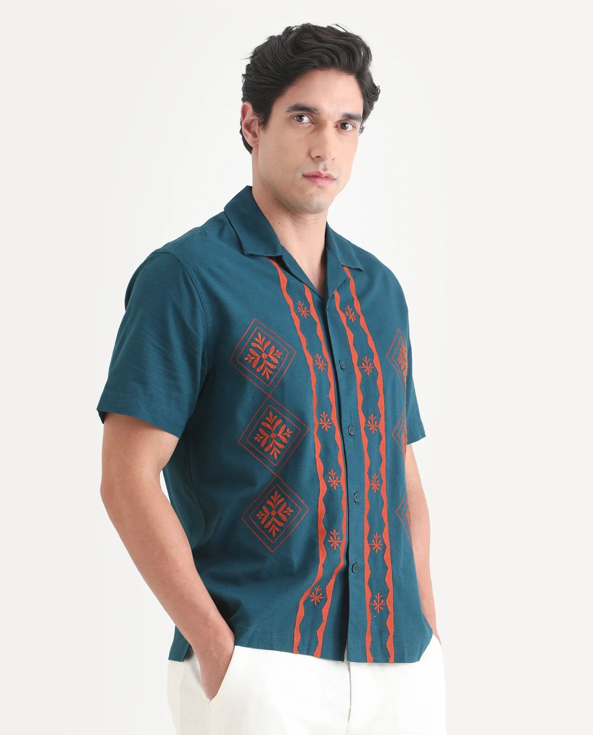 Rare Rabbit Men's Eron Dark Teal Cotton Fabric Half Sleeve Cuban Collar Relaxed Fit Embroidered Shirt - Image 7