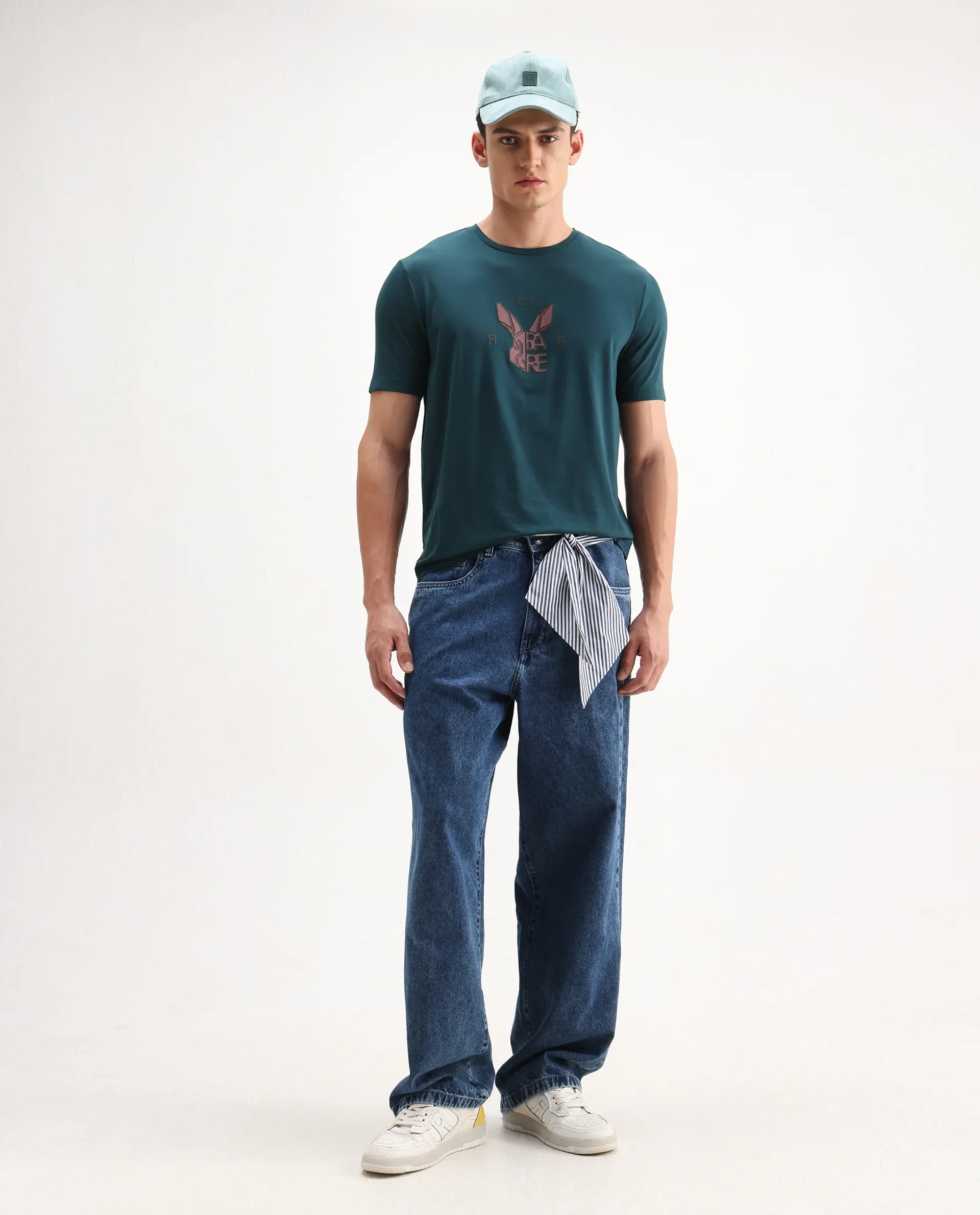 Rare Rabbit Men's Eros Dark Teal Cotton Blend Graphic Print Regular Fit Half Sleeve Crew Neck T-Shirt - Image 2