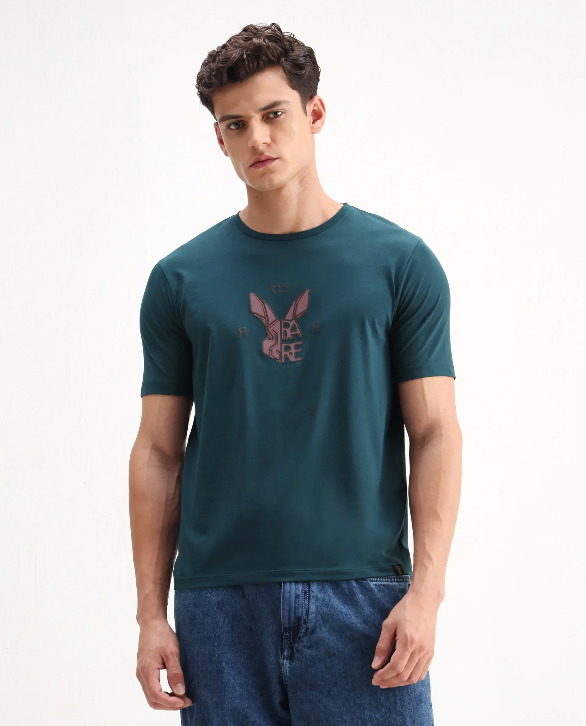 Rare Rabbit Men's Eros Dark Teal Cotton Blend Graphic Print Regular Fit Half Sleeve Crew Neck T-Shirt - Image 3