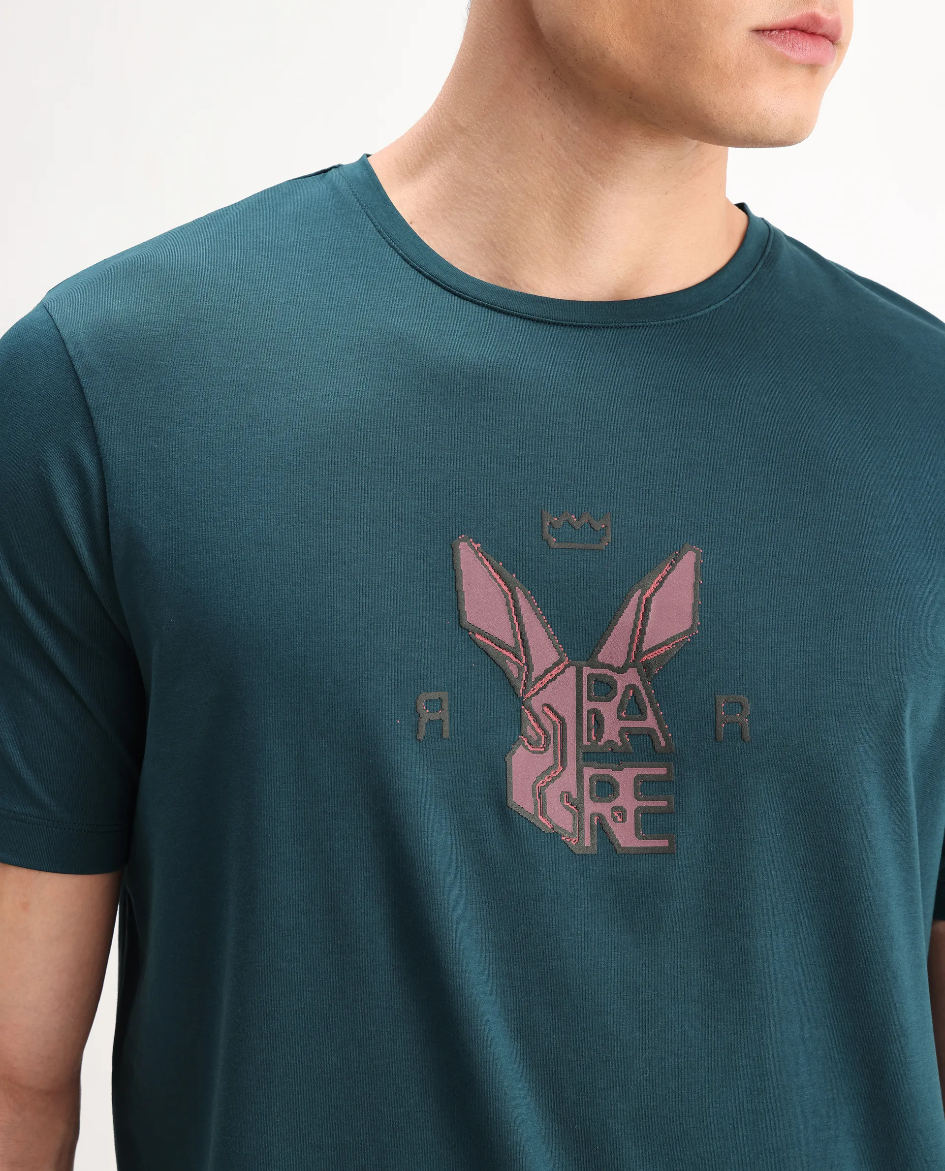 Rare Rabbit Men's Eros Dark Teal Cotton Blend Graphic Print Regular Fit Half Sleeve Crew Neck T-Shirt - Image 4