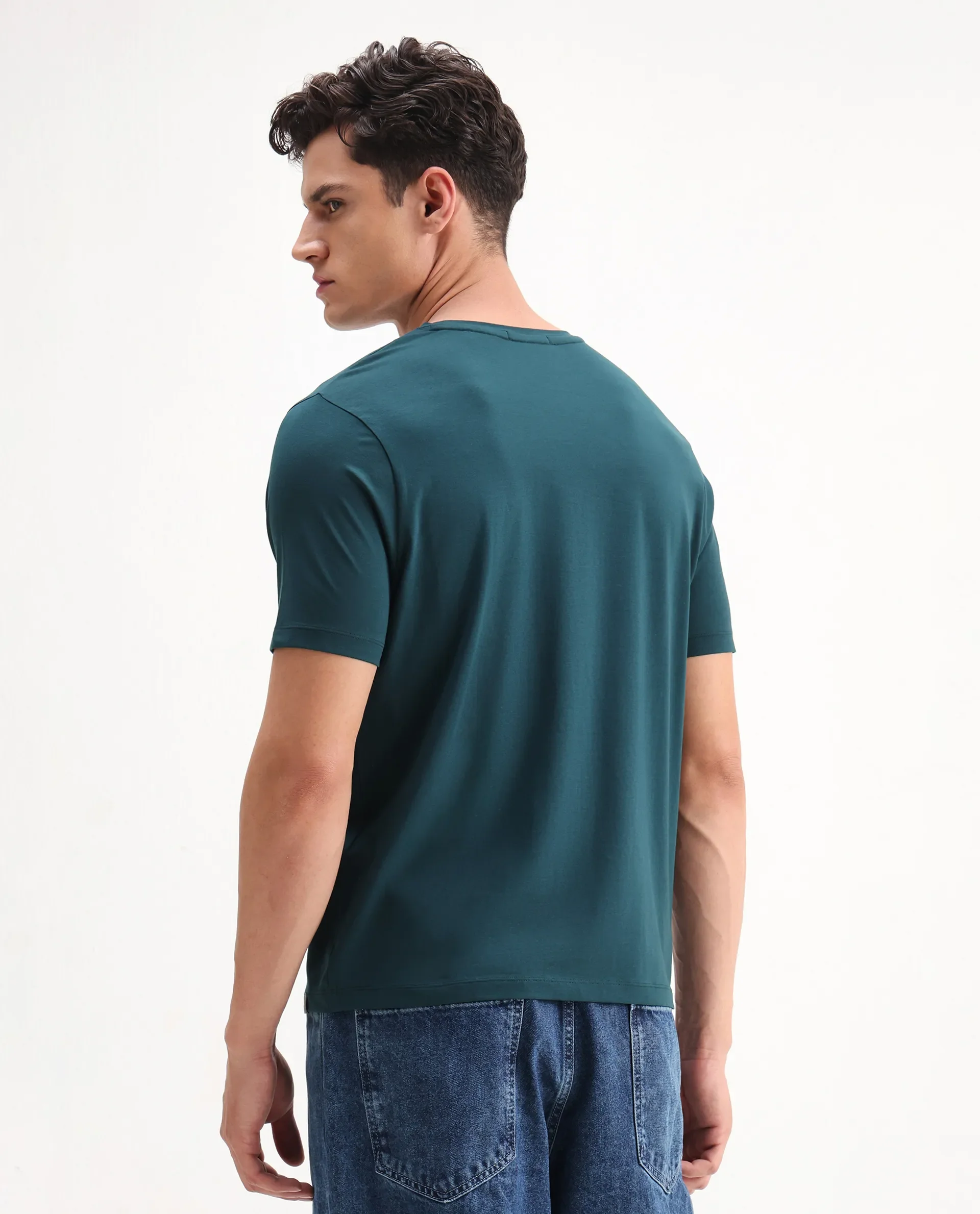Rare Rabbit Men's Eros Dark Teal Cotton Blend Graphic Print Regular Fit Half Sleeve Crew Neck T-Shirt - Image 5