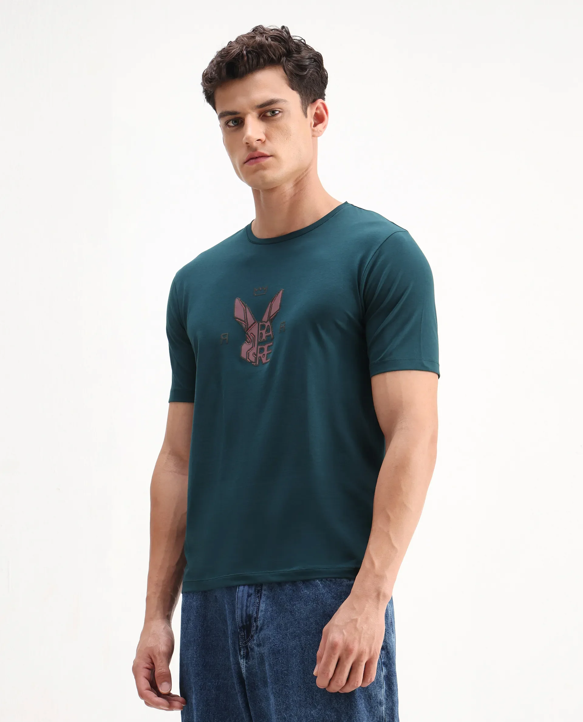 Rare Rabbit Men's Eros Dark Teal Cotton Blend Graphic Print Regular Fit Half Sleeve Crew Neck T-Shirt - Image 6