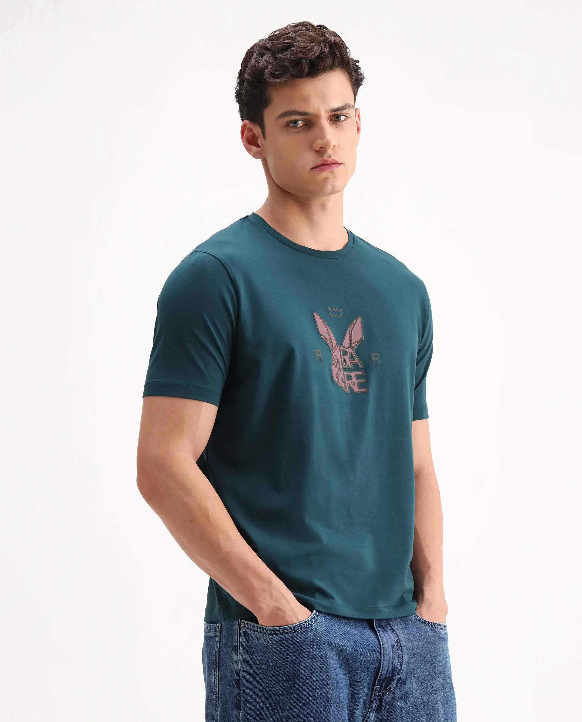 Rare Rabbit Men's Eros Dark Teal Cotton Blend Graphic Print Regular Fit Half Sleeve Crew Neck T-Shirt - Image 7