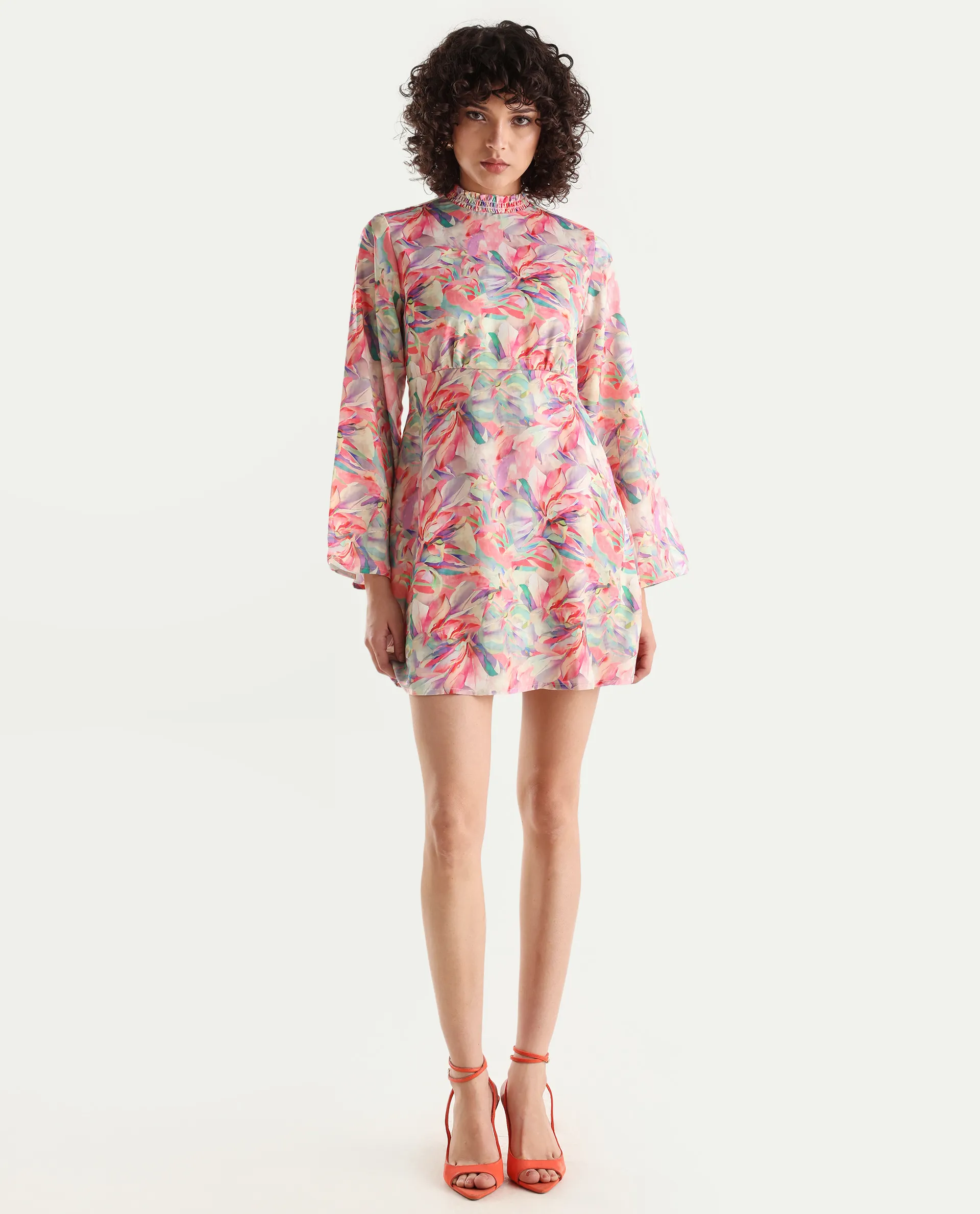 Rareism Women's Erry Light Multi Cotton Sweetheart Neck Abstract Print Bell Sleeve Knee Length Flared Dress - Image 2