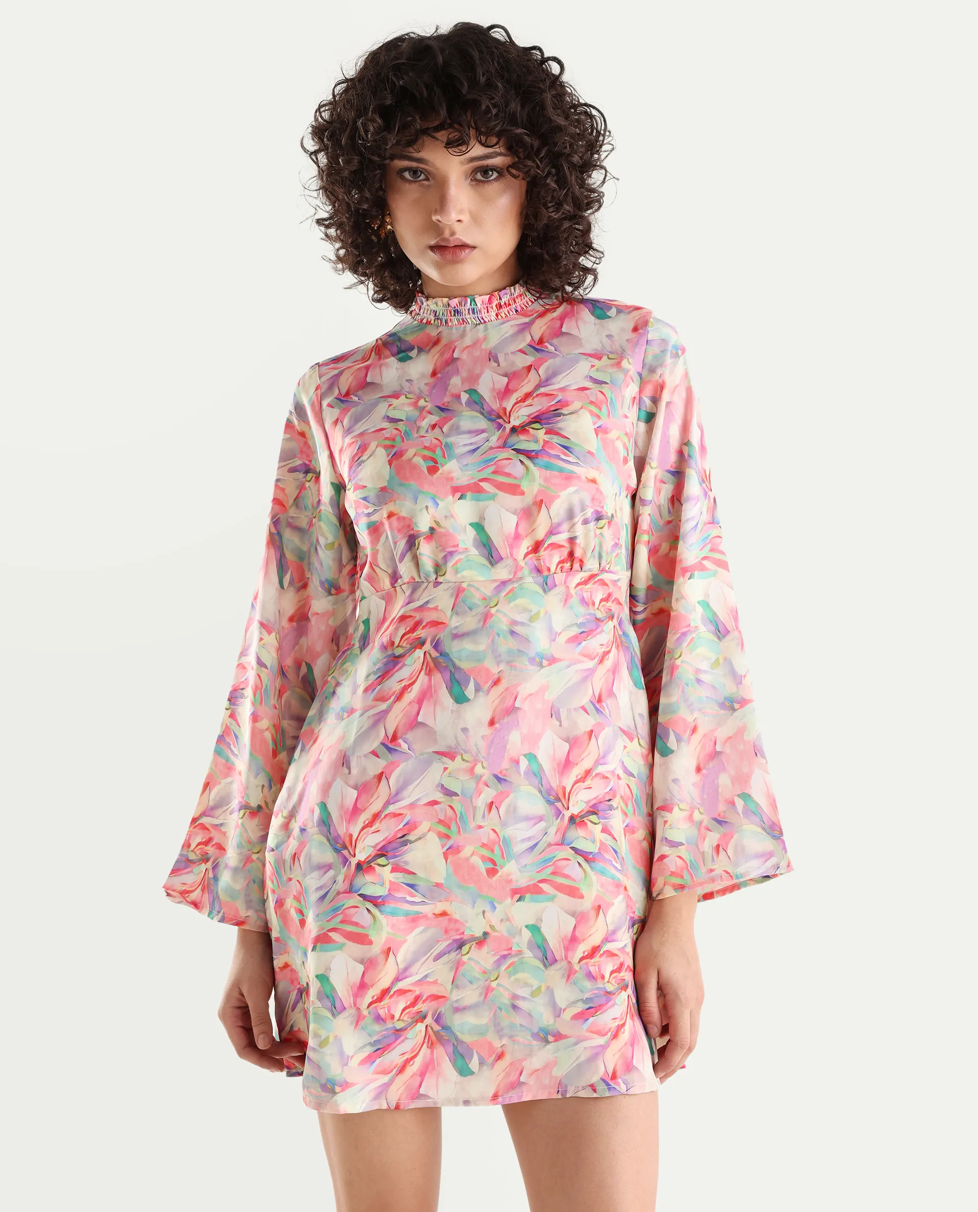 Rareism Women's Erry Light Multi Cotton Sweetheart Neck Abstract Print Bell Sleeve Knee Length Flared Dress - Image 3