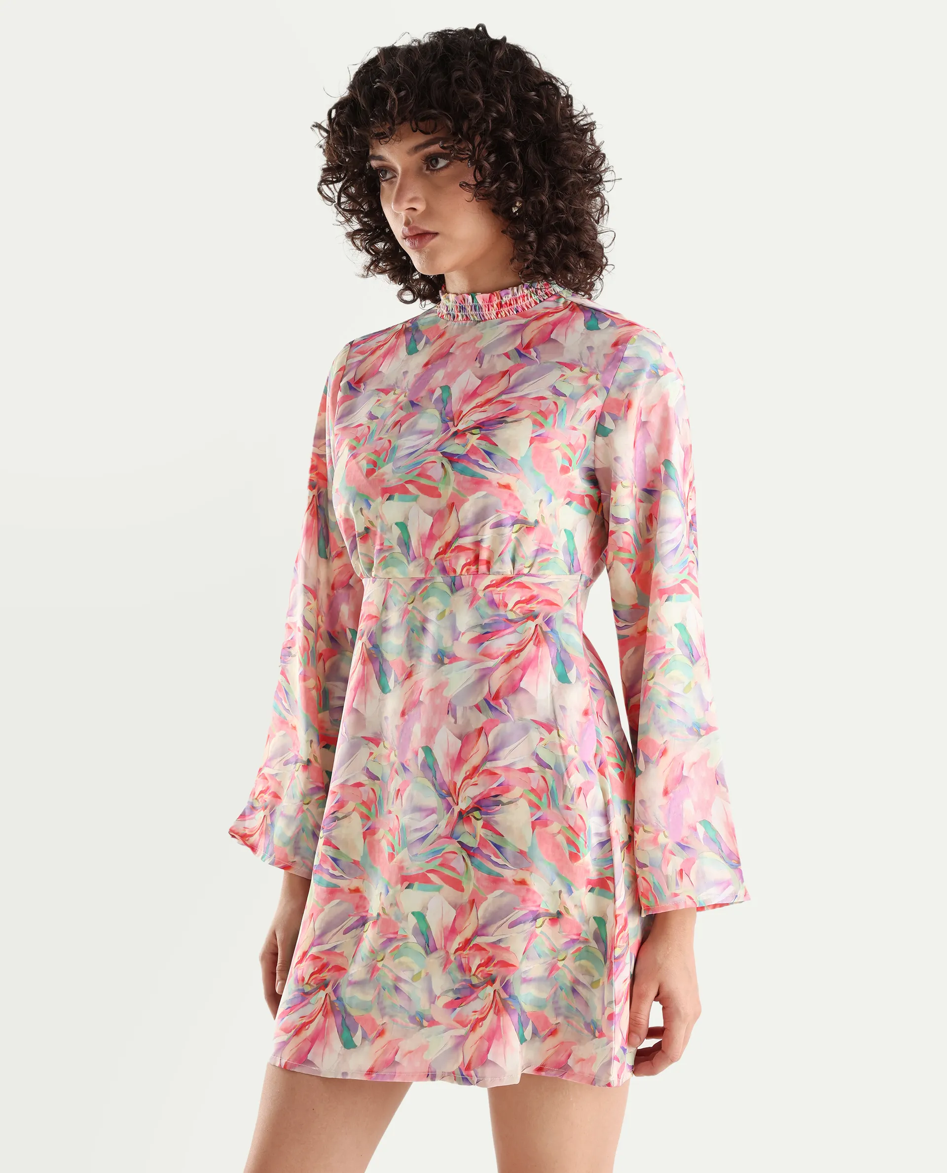 Rareism Women's Erry Light Multi Cotton Sweetheart Neck Abstract Print Bell Sleeve Knee Length Flared Dress - Image 5