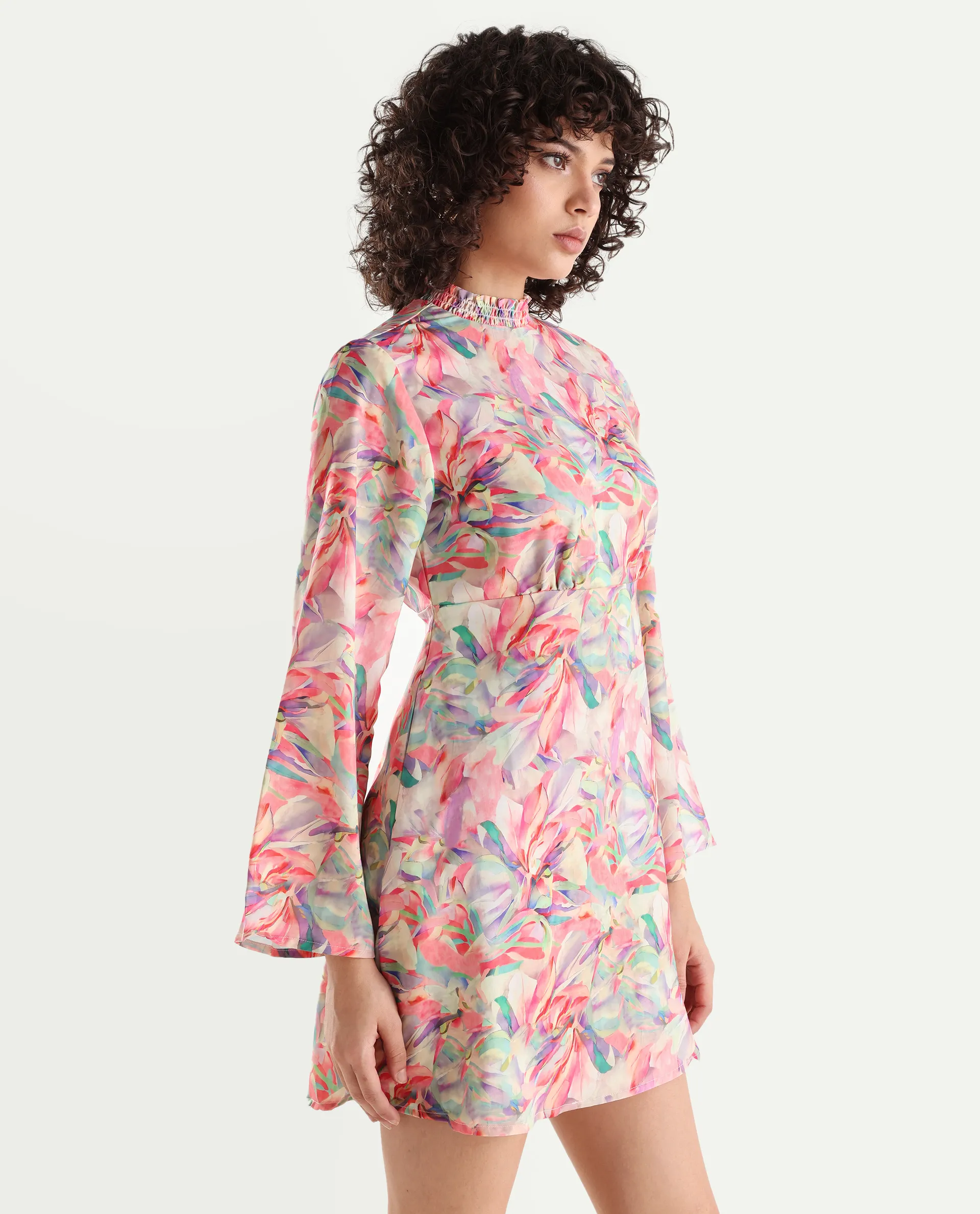Rareism Women's Erry Light Multi Cotton Sweetheart Neck Abstract Print Bell Sleeve Knee Length Flared Dress - Image 6