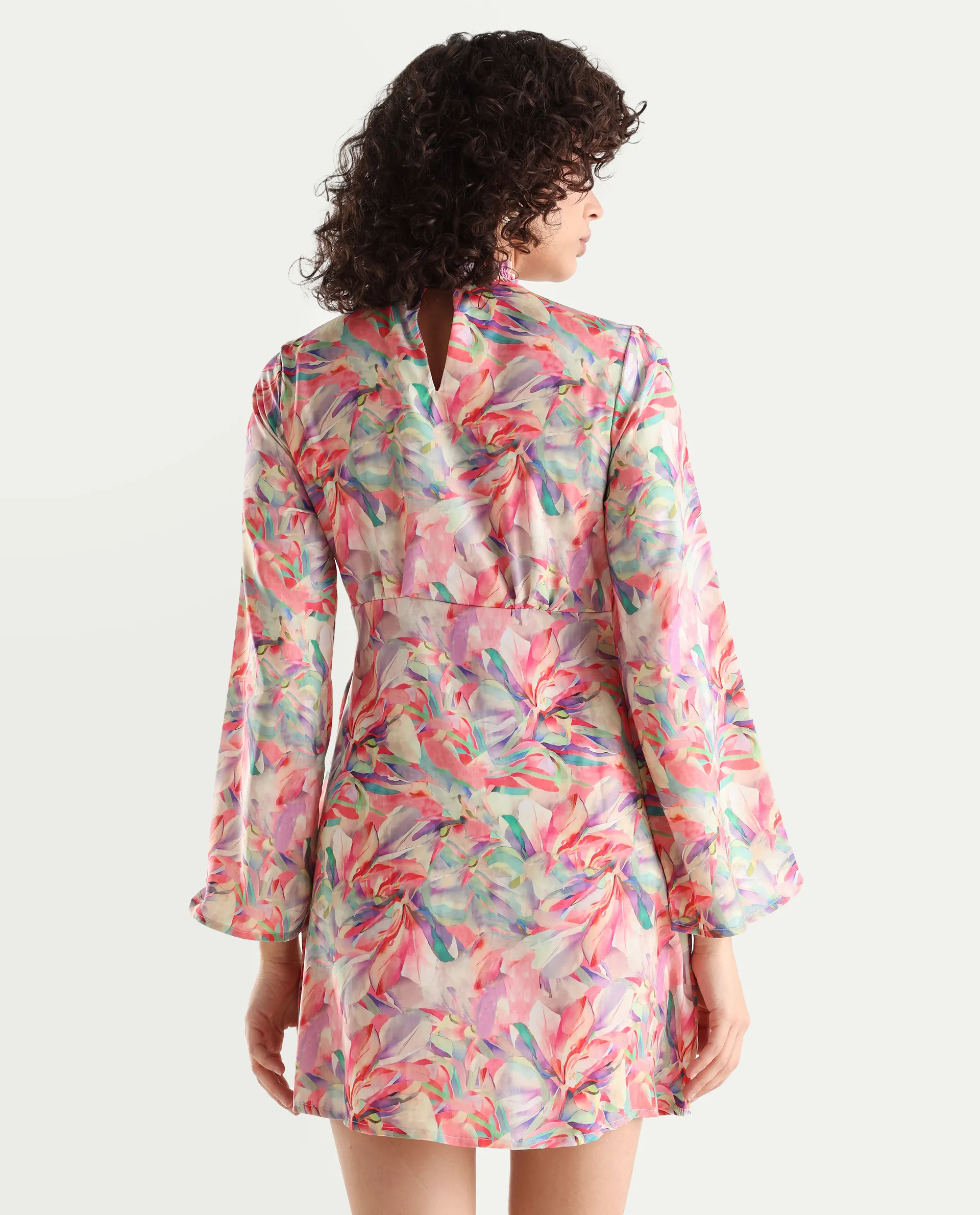 Rareism Women's Erry Light Multi Cotton Sweetheart Neck Abstract Print Bell Sleeve Knee Length Flared Dress - Image 7