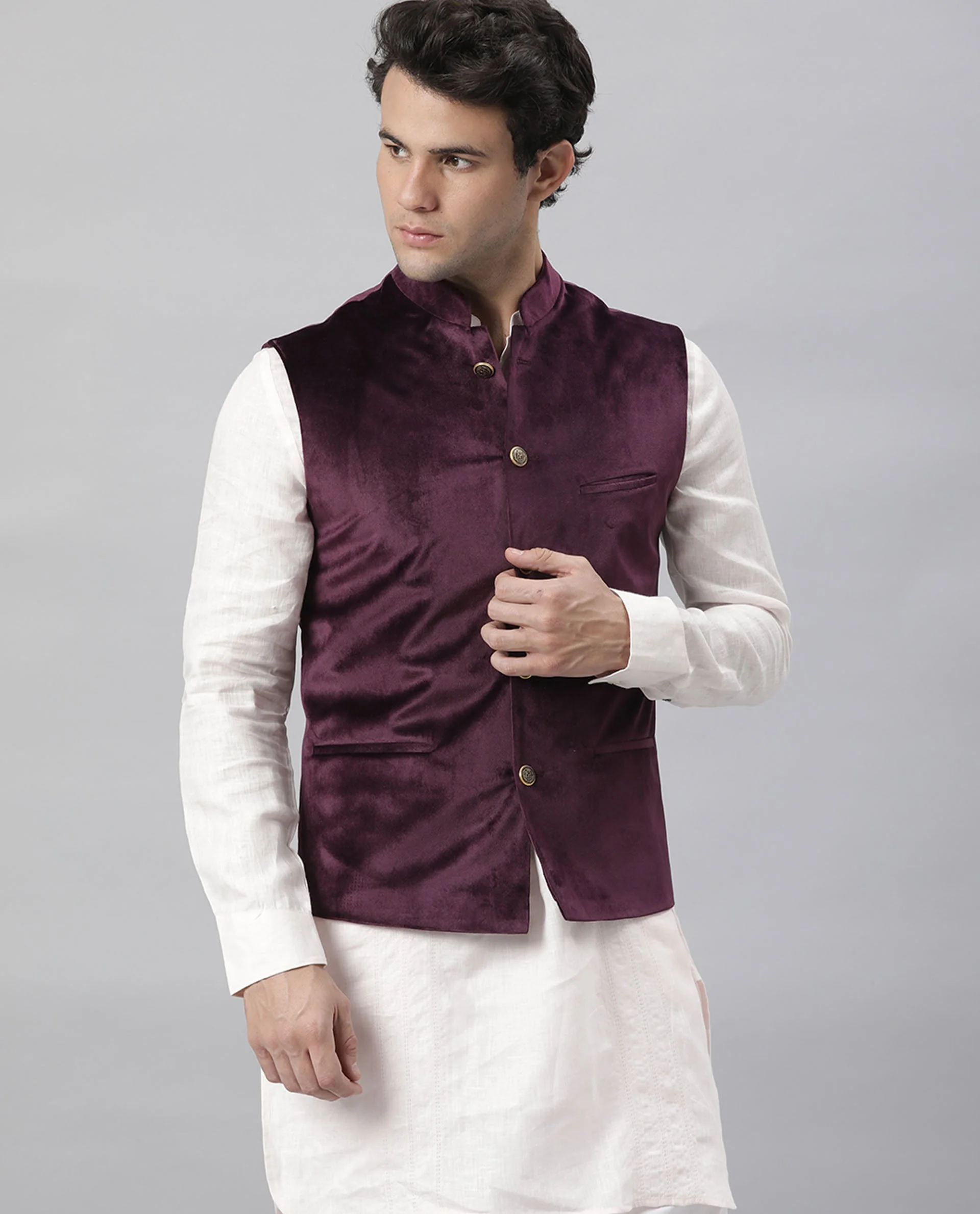 Rare Rabbit Men's Erton Maroon Polyester Plain Tailored Fit Sleeveless Mandarin Collar Bandhgala - Image 2