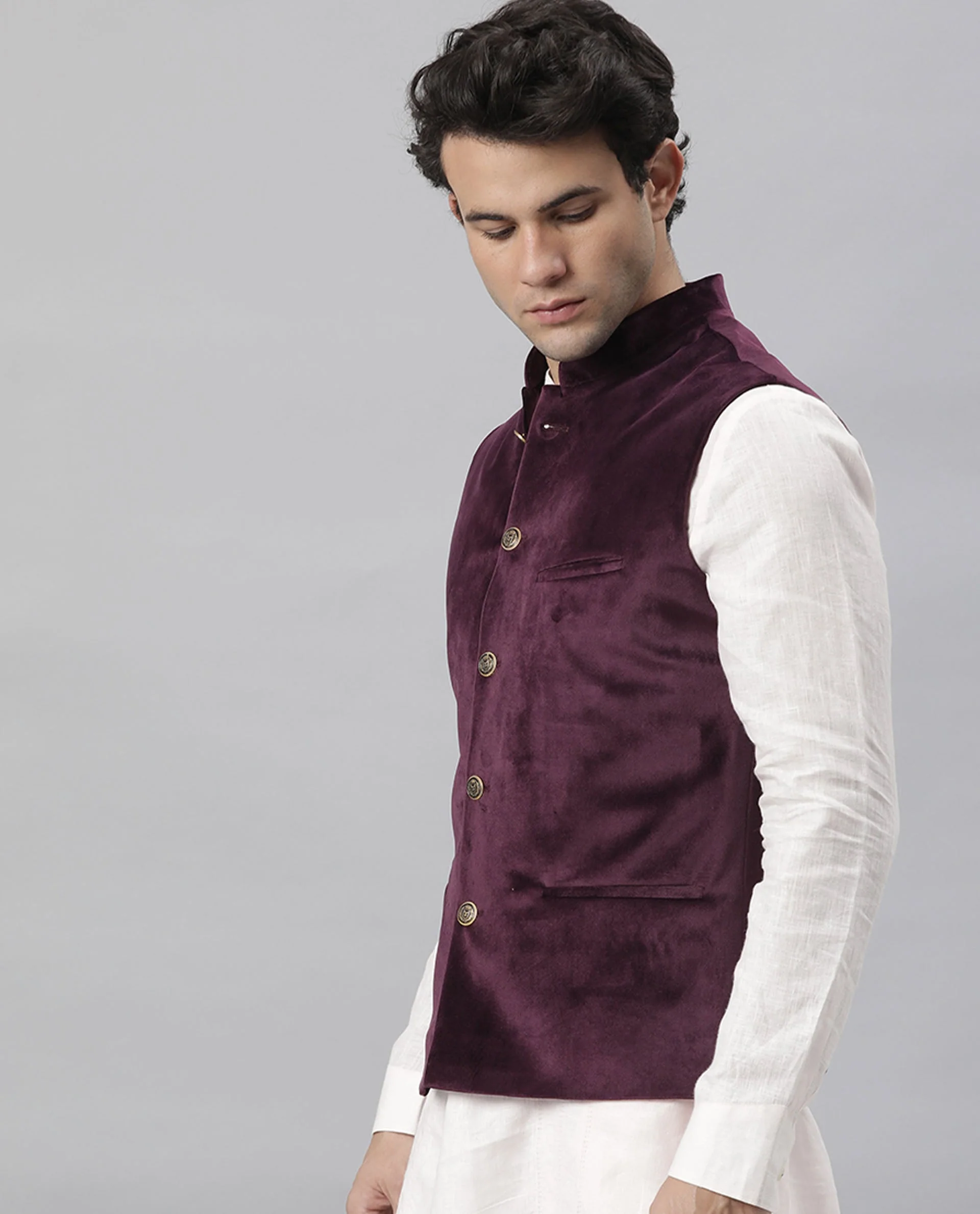 Rare Rabbit Men's Erton Maroon Polyester Plain Tailored Fit Sleeveless Mandarin Collar Bandhgala - Image 3