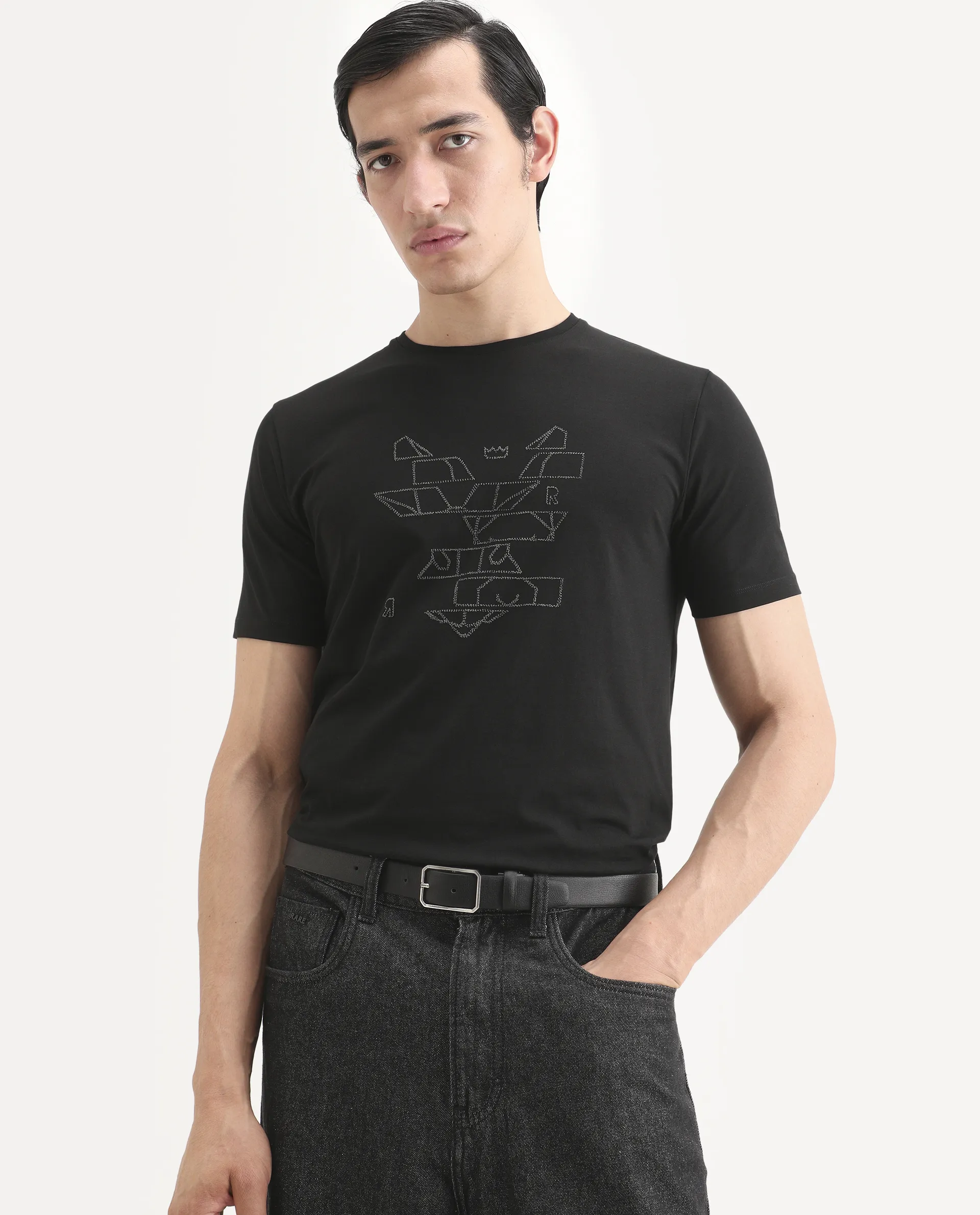 Rare Rabbit Men's Ery Black Cotton Blend Fabric Half Sleeve Crew Neck Regular Fit Puff Print T-Shirt