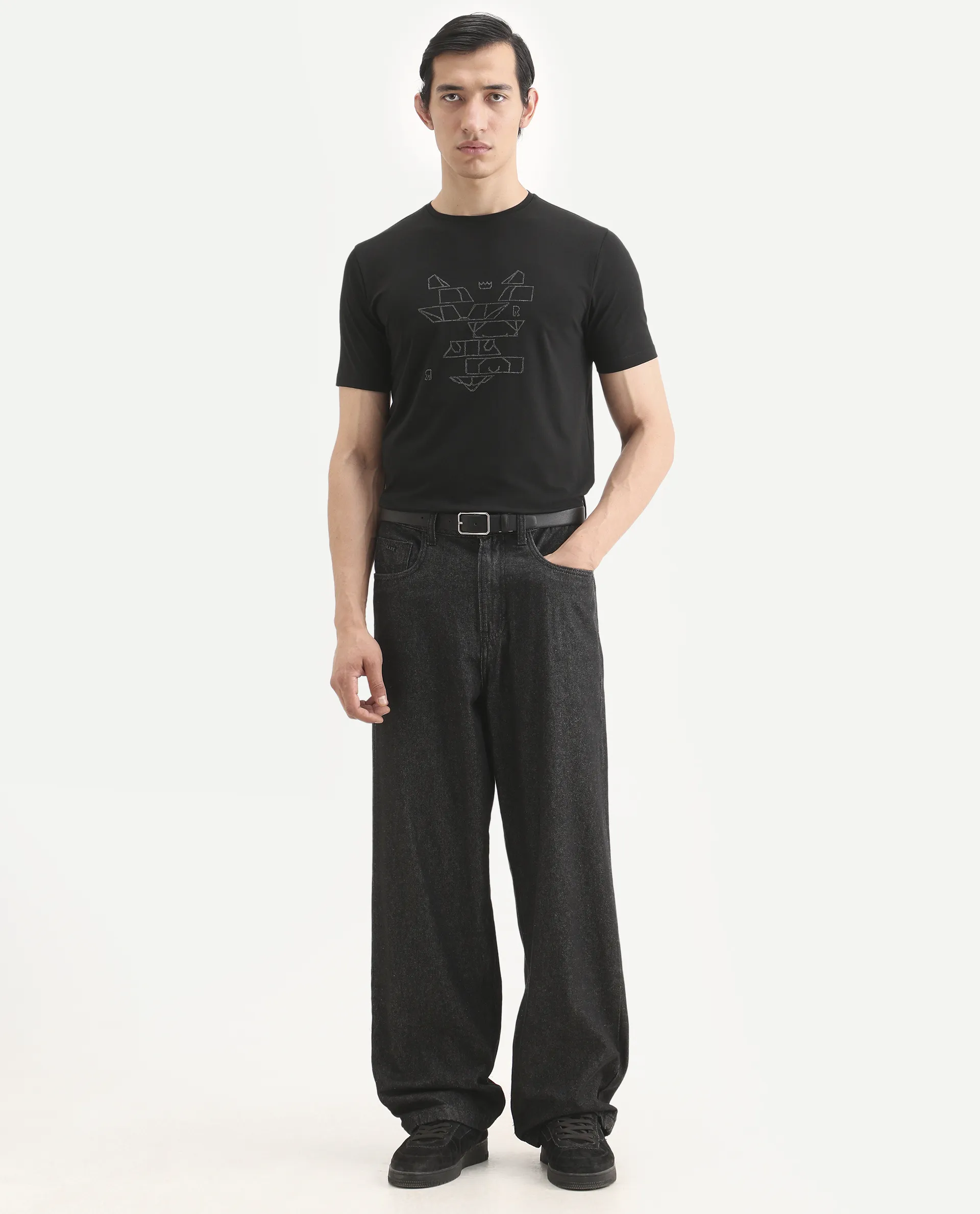 Rare Rabbit Men's Ery Black Cotton Blend Fabric Half Sleeve Crew Neck Regular Fit Puff Print T-Shirt - Image 2