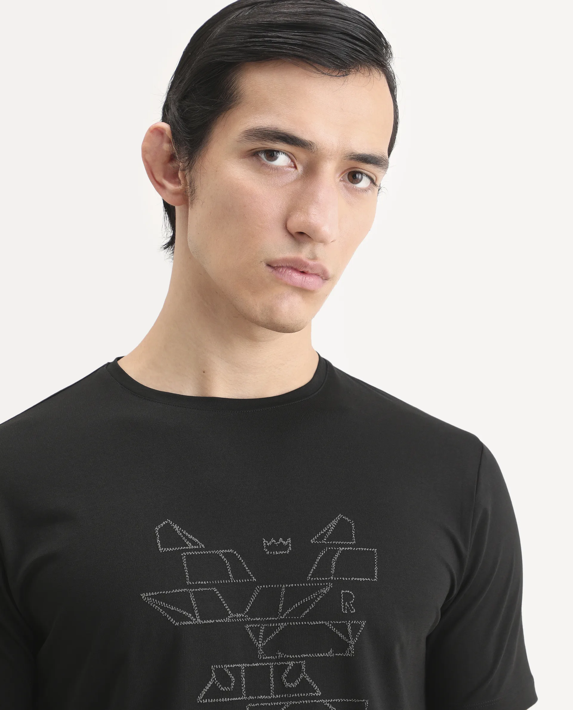 Rare Rabbit Men's Ery Black Cotton Blend Fabric Half Sleeve Crew Neck Regular Fit Puff Print T-Shirt - Image 3