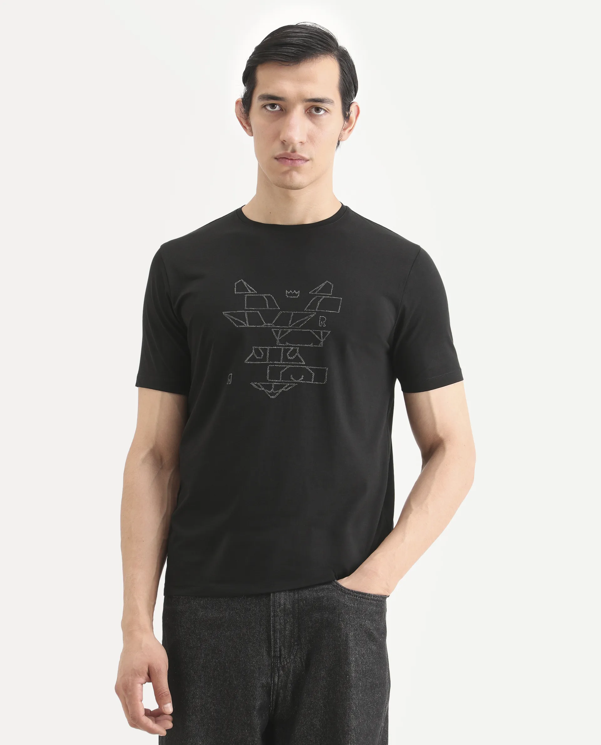 Rare Rabbit Men's Ery Black Cotton Blend Fabric Half Sleeve Crew Neck Regular Fit Puff Print T-Shirt - Image 4