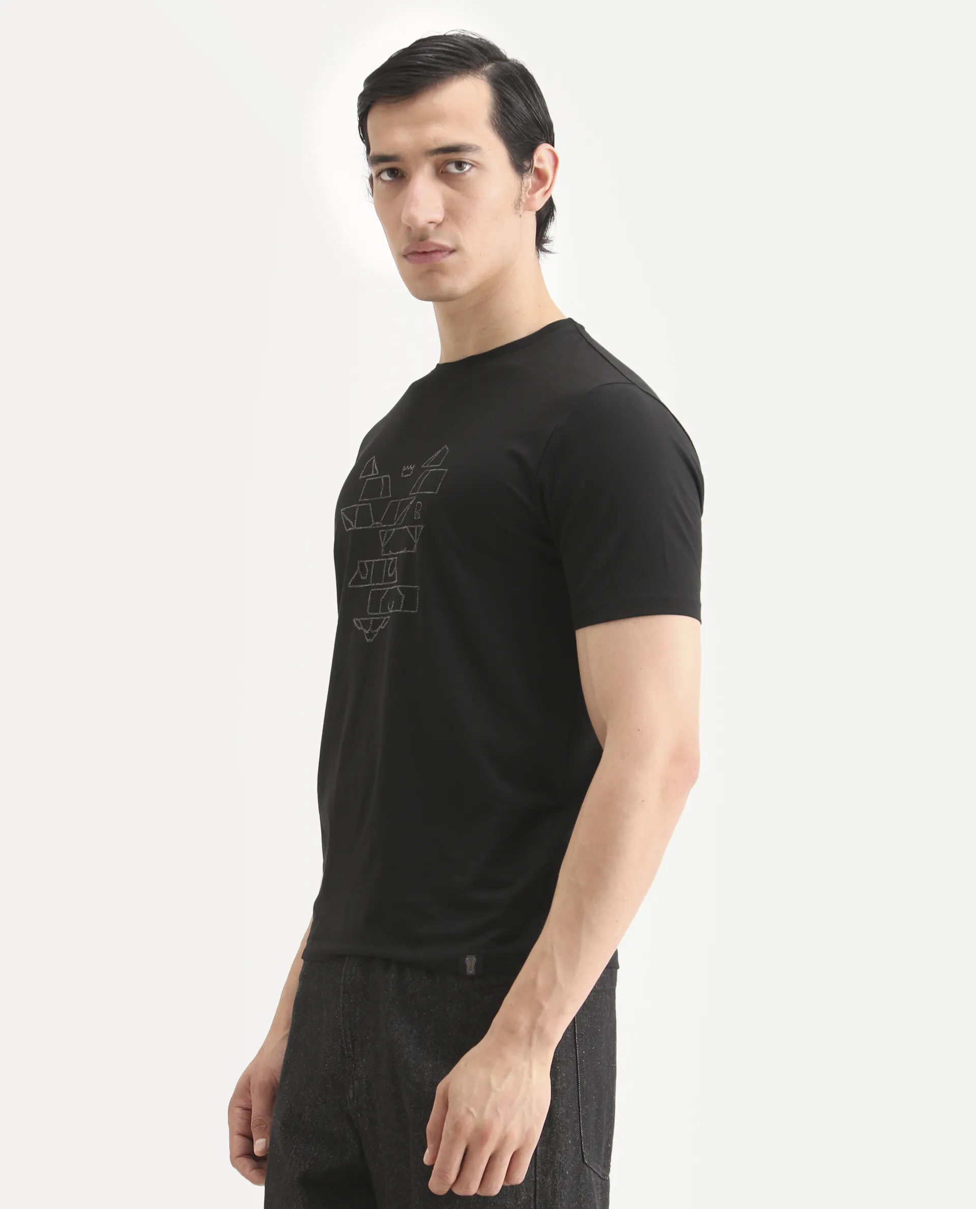 Rare Rabbit Men's Ery Black Cotton Blend Fabric Half Sleeve Crew Neck Regular Fit Puff Print T-Shirt - Image 5