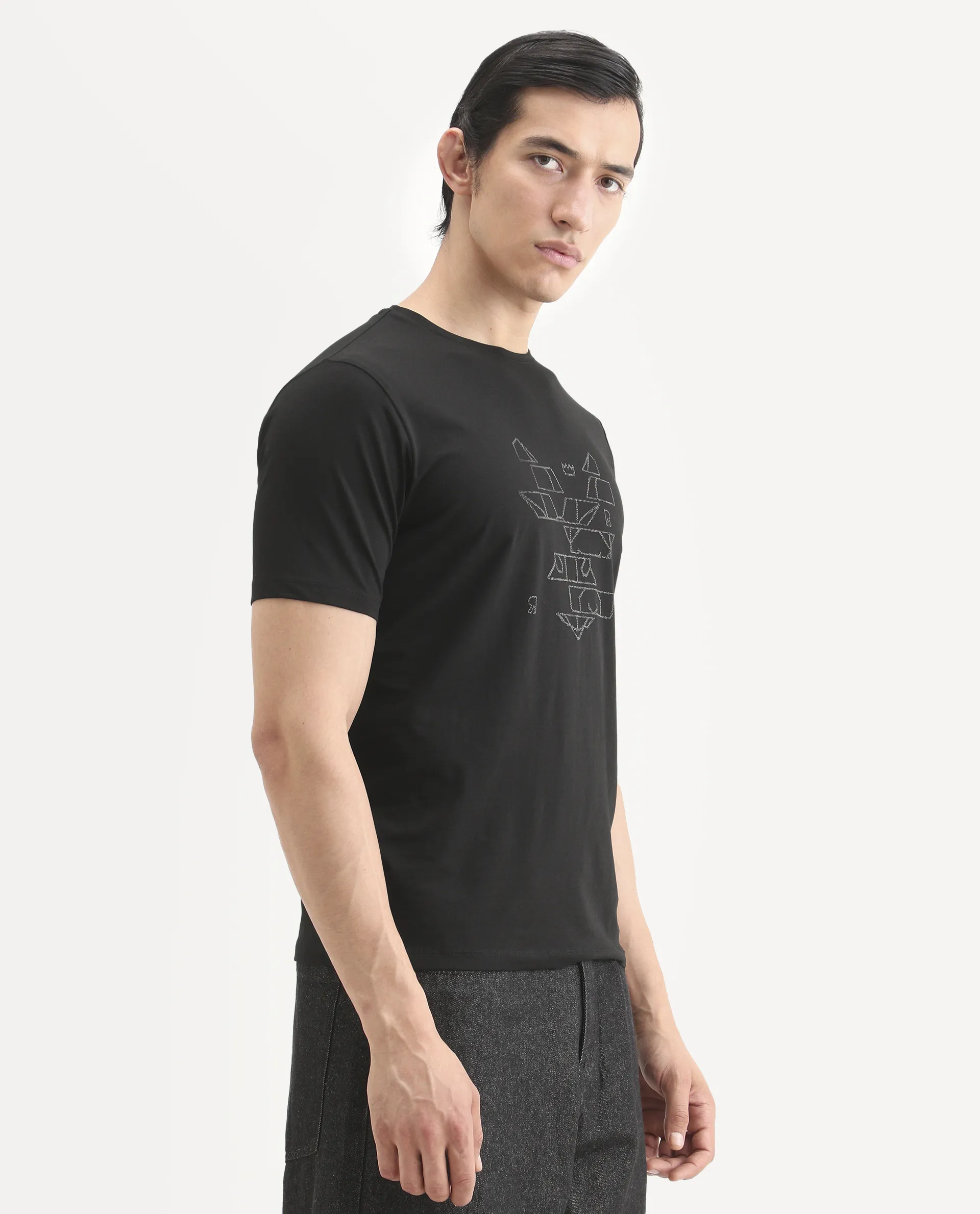 Rare Rabbit Men's Ery Black Cotton Blend Fabric Half Sleeve Crew Neck Regular Fit Puff Print T-Shirt - Image 6